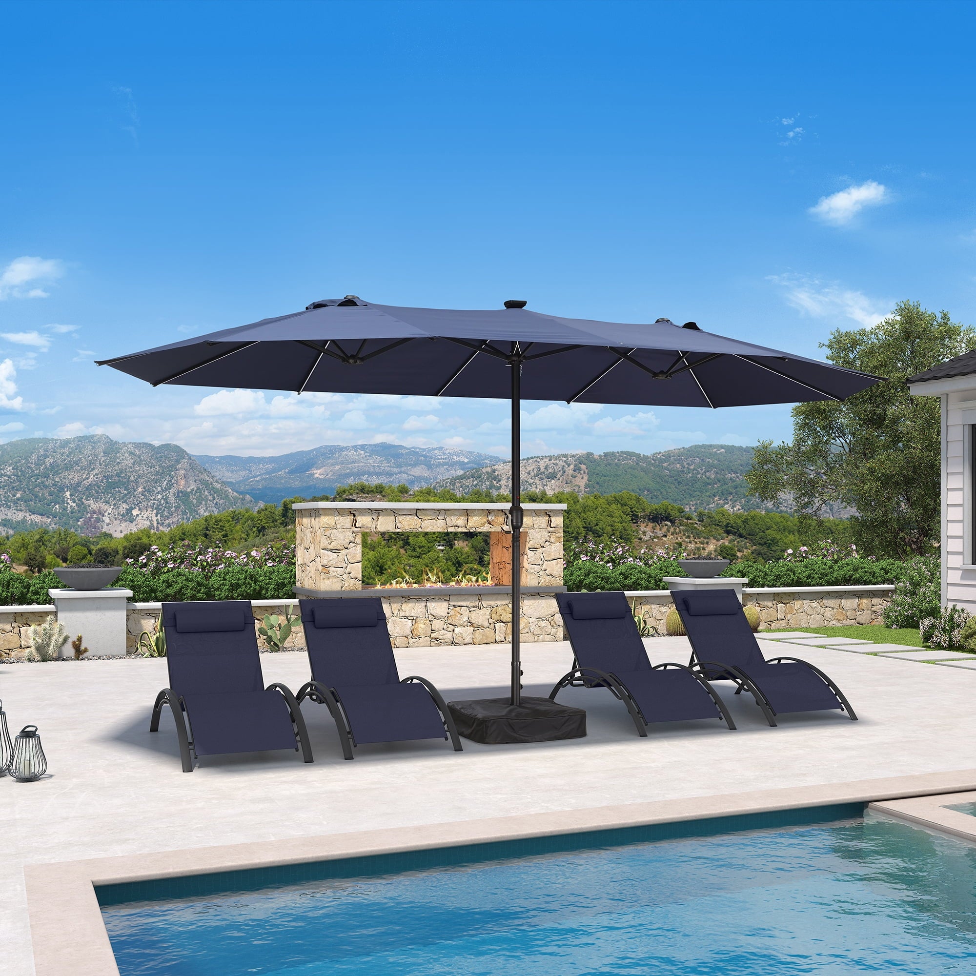 PURPLE LEAF 13ft Market Patio Umbrella with Solar LED and Base Double-Sided Sun Umbrellas for Pool Beach Deck Backyard Taupe