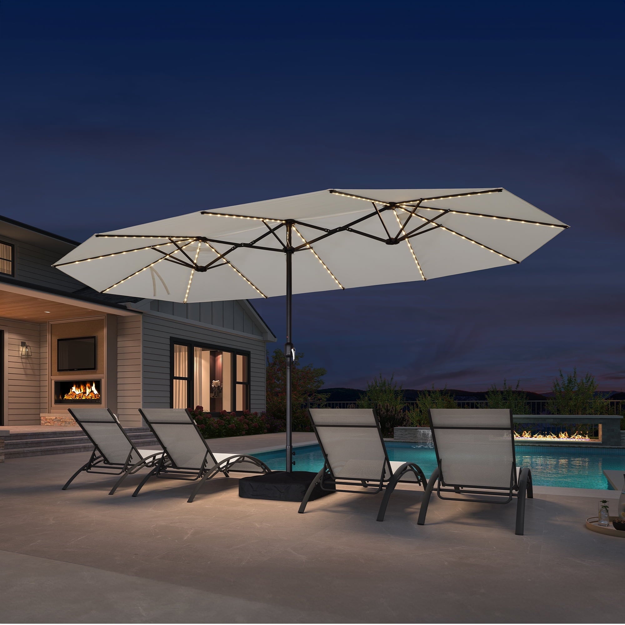 PURPLE LEAF 13ft Market Patio Umbrella with Solar LED and Base Double-Sided Sun Umbrellas for Pool Beach Deck Backyard Taupe