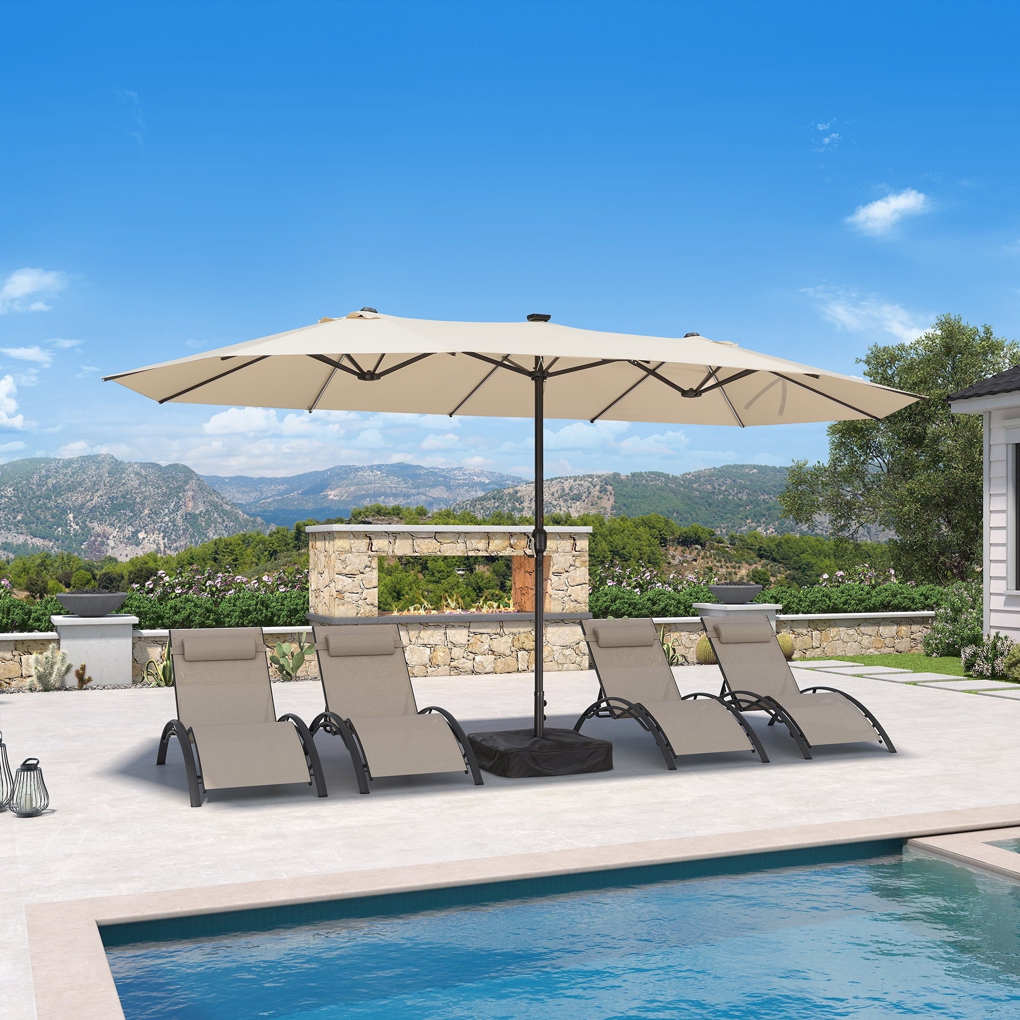 PURPLE LEAF 13ft Market Patio Umbrella with Solar LED and Base Double-Sided Sun Umbrellas for Pool Beach Deck Backyard Taupe