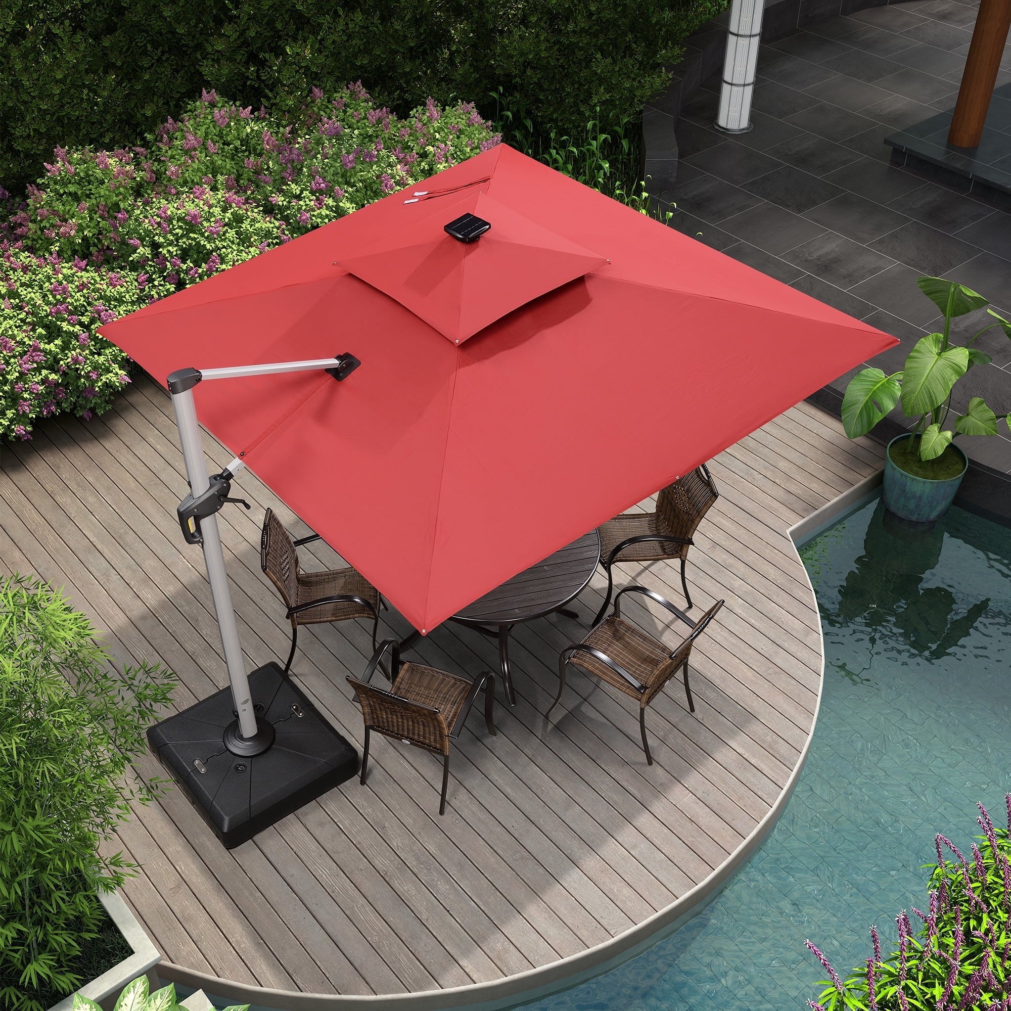 PURPLE LEAF 9 x 12FT Deluxe Rectangle Solar Powered LED Patio Umbrella with Base, Large Offset Cantilever Umbrella with 360° Rotation, Navy Blue