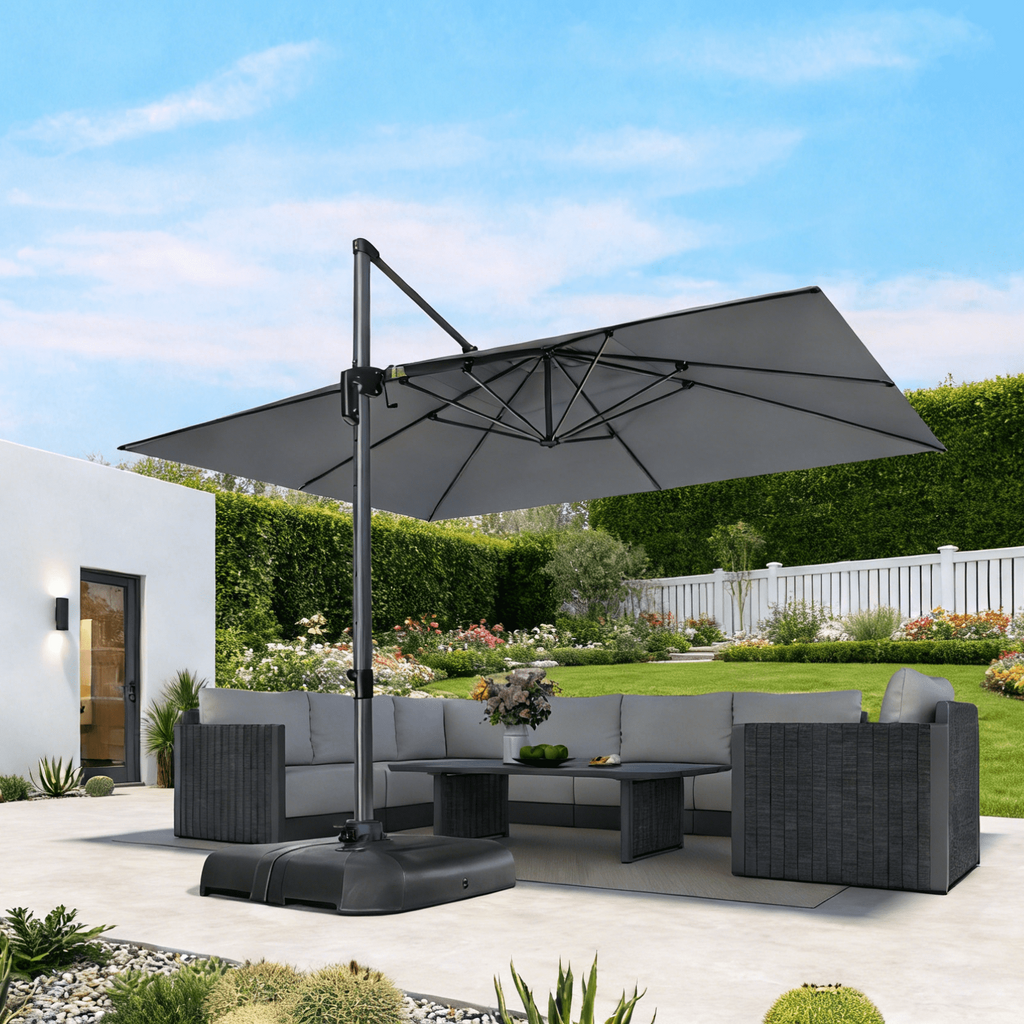PURPLE LEAF OUTDOOR 10x13 FT Extra Large Rectangle Cantilever Umbrella with Base - 360° Rotating Heavy-Duty Aluminum Frame, Waterproof Graphite Grey Patio Sunshade for Oversized Pool Deck & Backyard