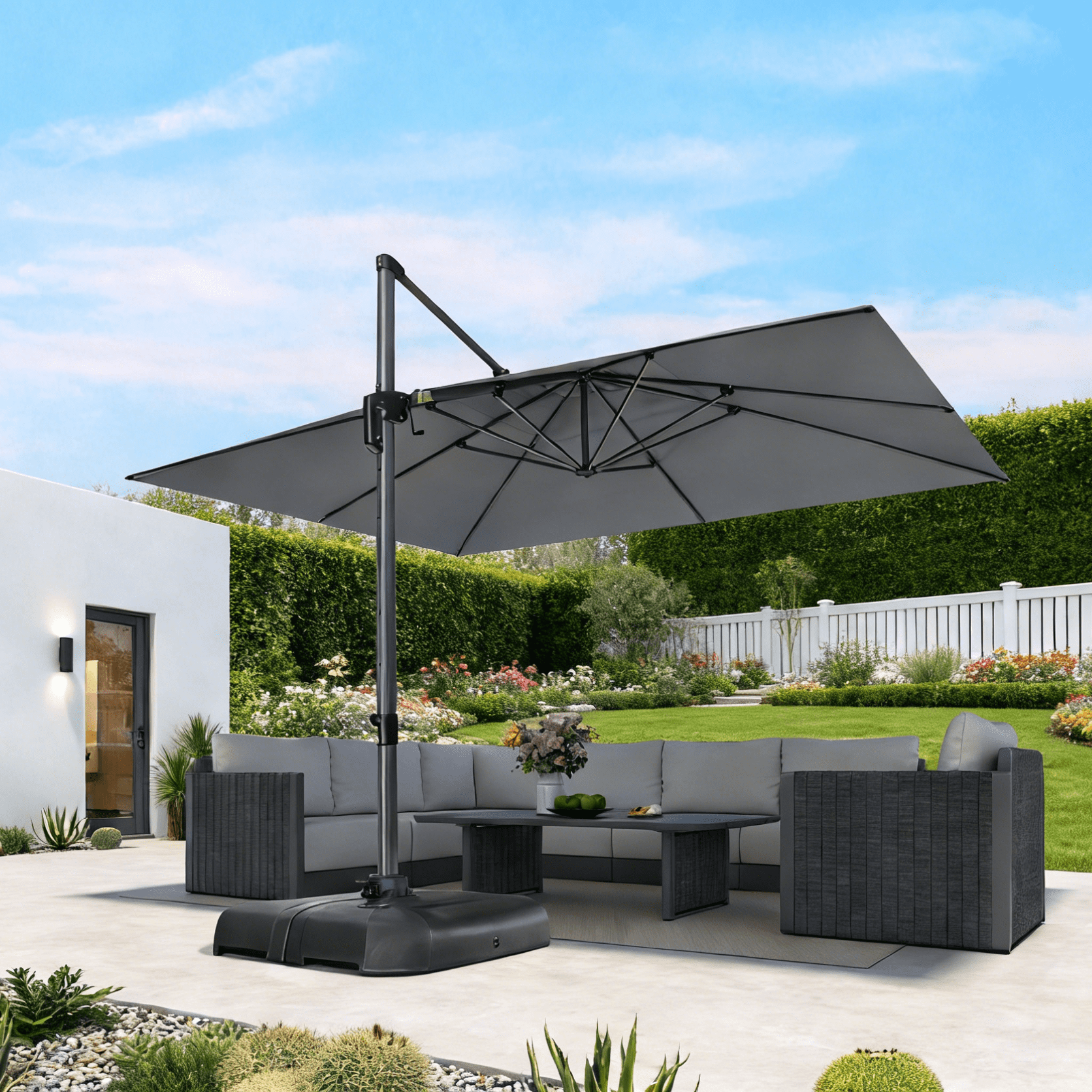 PURPLE LEAF OUTDOOR 10x13 FT Extra Large Rectangle Cantilever Umbrella with Base - 360° Rotating Heavy-Duty Aluminum Frame, Waterproof Graphite Grey Patio Sunshade for Oversized Pool Deck & Backyard
