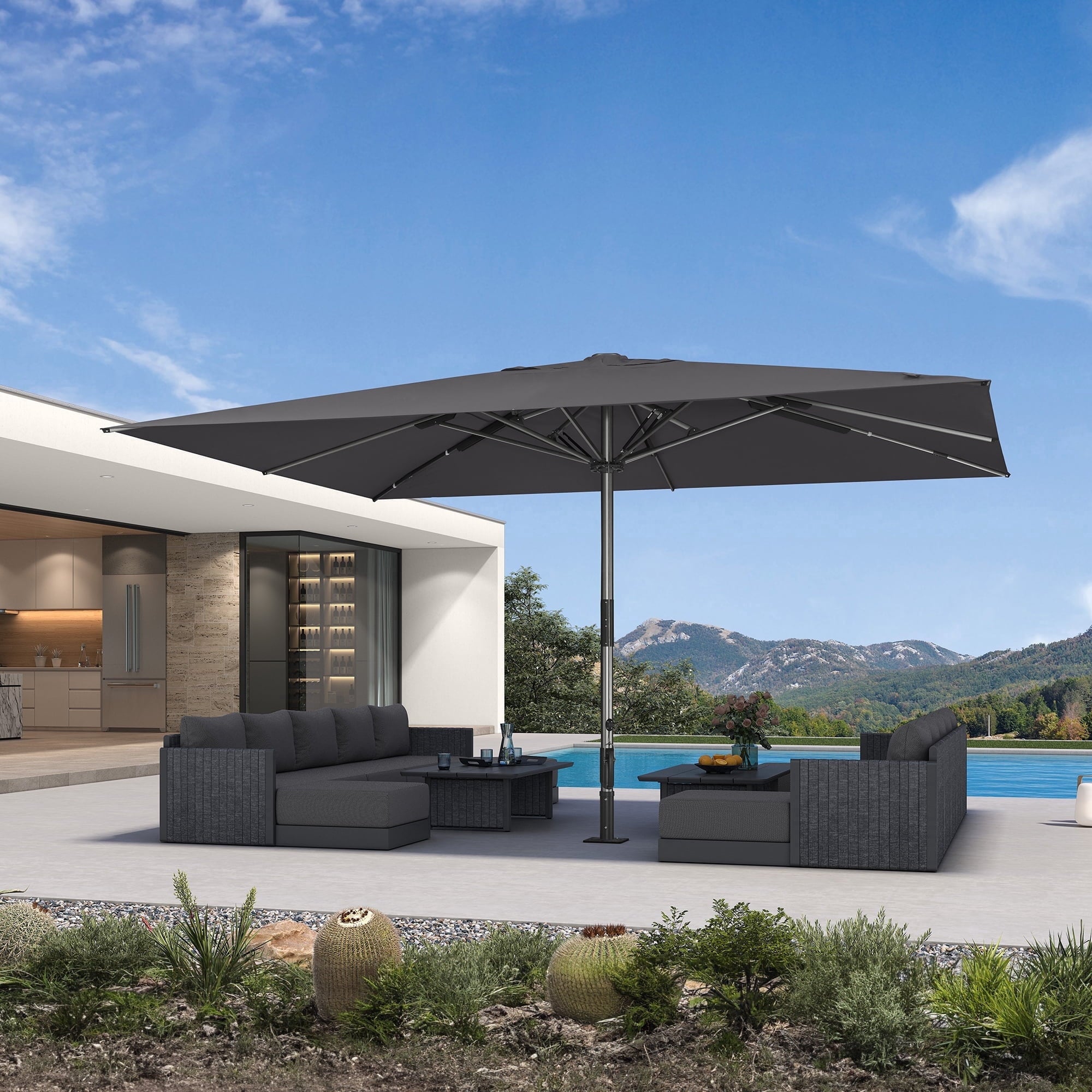 PURPLE LEAF OUTDOOR 16 x 16 FT Extra Large Rectangle Patio Market Table Sun Umbrella Heavy-Duty with Semi-Auto Open Maximum Coverage for Restaurant Hotel Resort Cafe Poolside Beige
