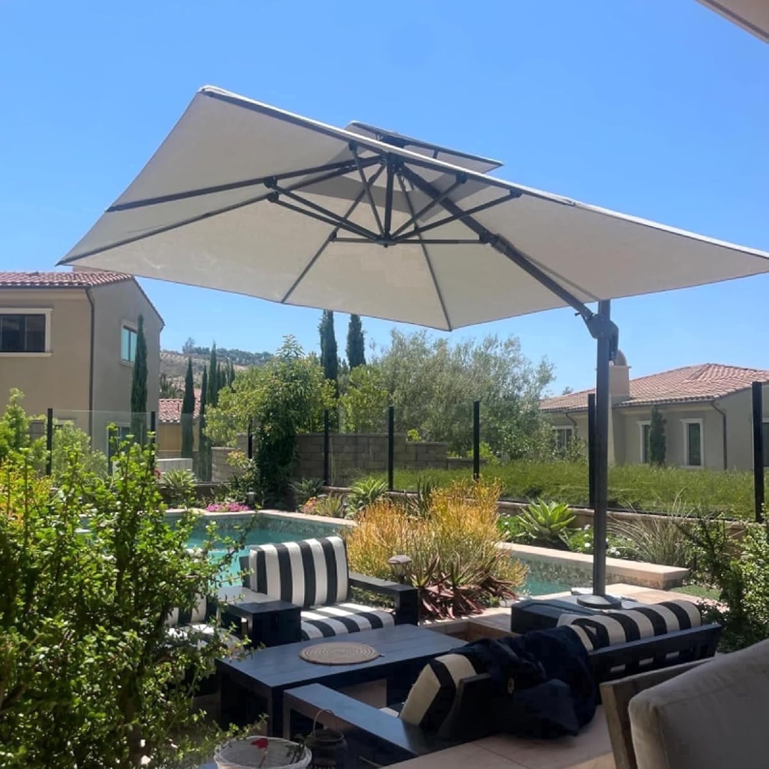 PURPLE LEAF Cantilever Umbrellas 12FT Square Large Patio Umbrella Offset Umbrella with 360°Rotation Tilting And Hanging Double Top, Grey