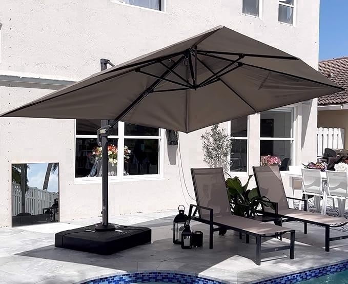 PURPLE LEAF Cantilever Umbrellas 12FT Square Large Patio Umbrella Offset Umbrella with 360°Rotation Tilting And Hanging Double Top, Grey