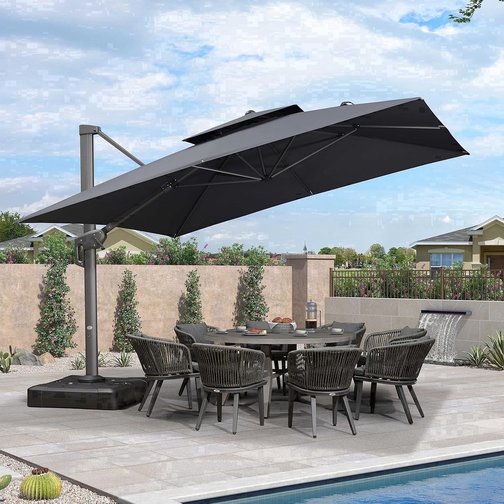 PURPLE LEAF Cantilever Umbrellas 12FT Square Large Patio Umbrella Offset Umbrella with 360°Rotation Tilting And Hanging Double Top, Grey