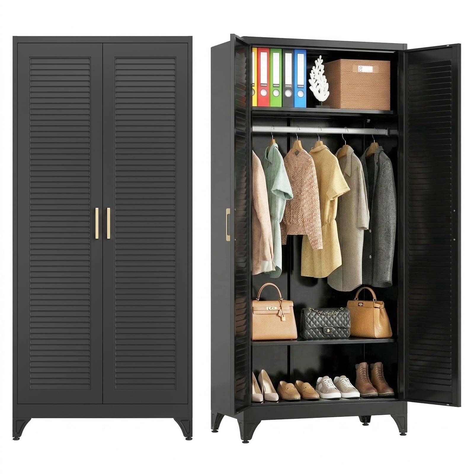 Polup 71 H Modern Metal Sturdy Armoire Cabinet with Shelves and Hanging Rod, Adult Bedroom Wardrobe Closet with Doors