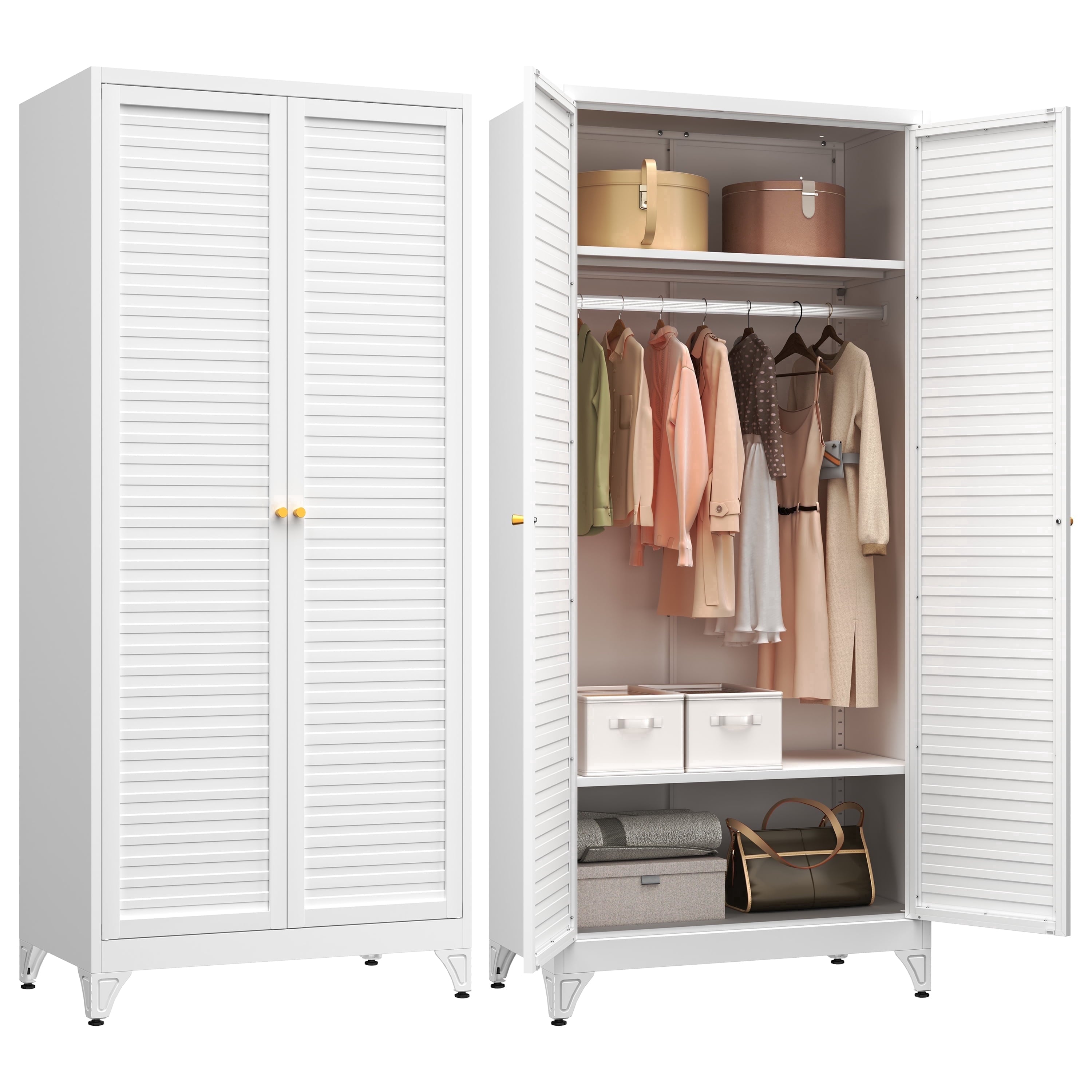Polup 71 H Modern Metal Sturdy Armoire Cabinet with Shelves and Hanging Rod, Adult Bedroom Wardrobe Closet with Doors