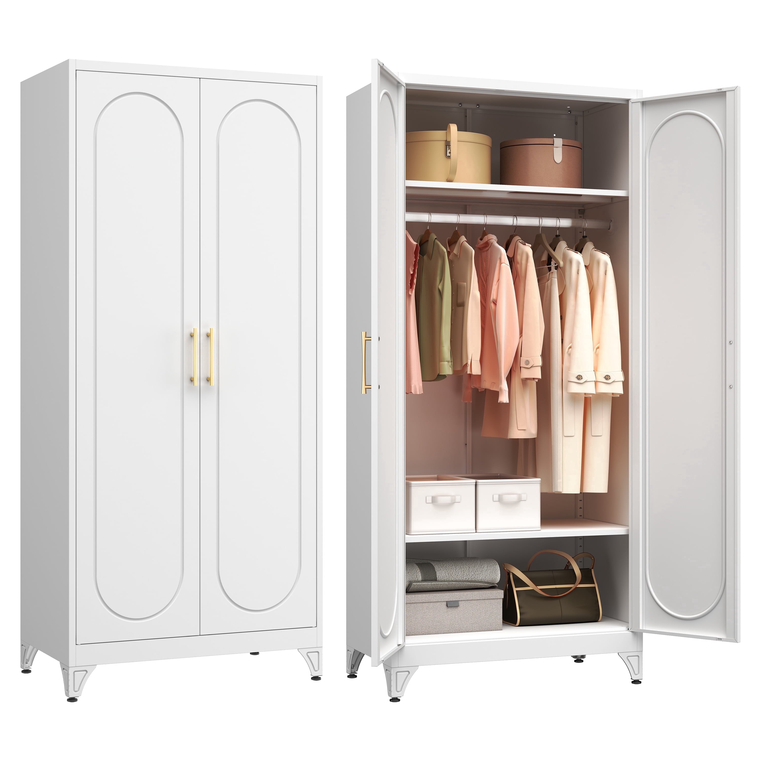 Polup 71 H Modern Metal Sturdy Armoire Cabinet with Shelves and Hanging Rod, Adult Bedroom Wardrobe Closet with Doors