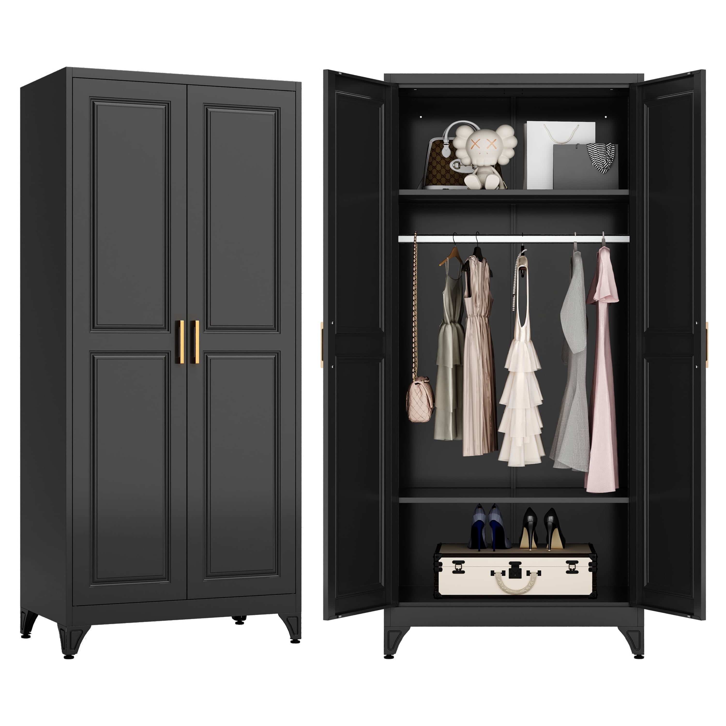 Polup 71 H Modern Metal Sturdy Armoire Cabinet with Shelves and Hanging Rod, Adult Bedroom Wardrobe Closet with Doors