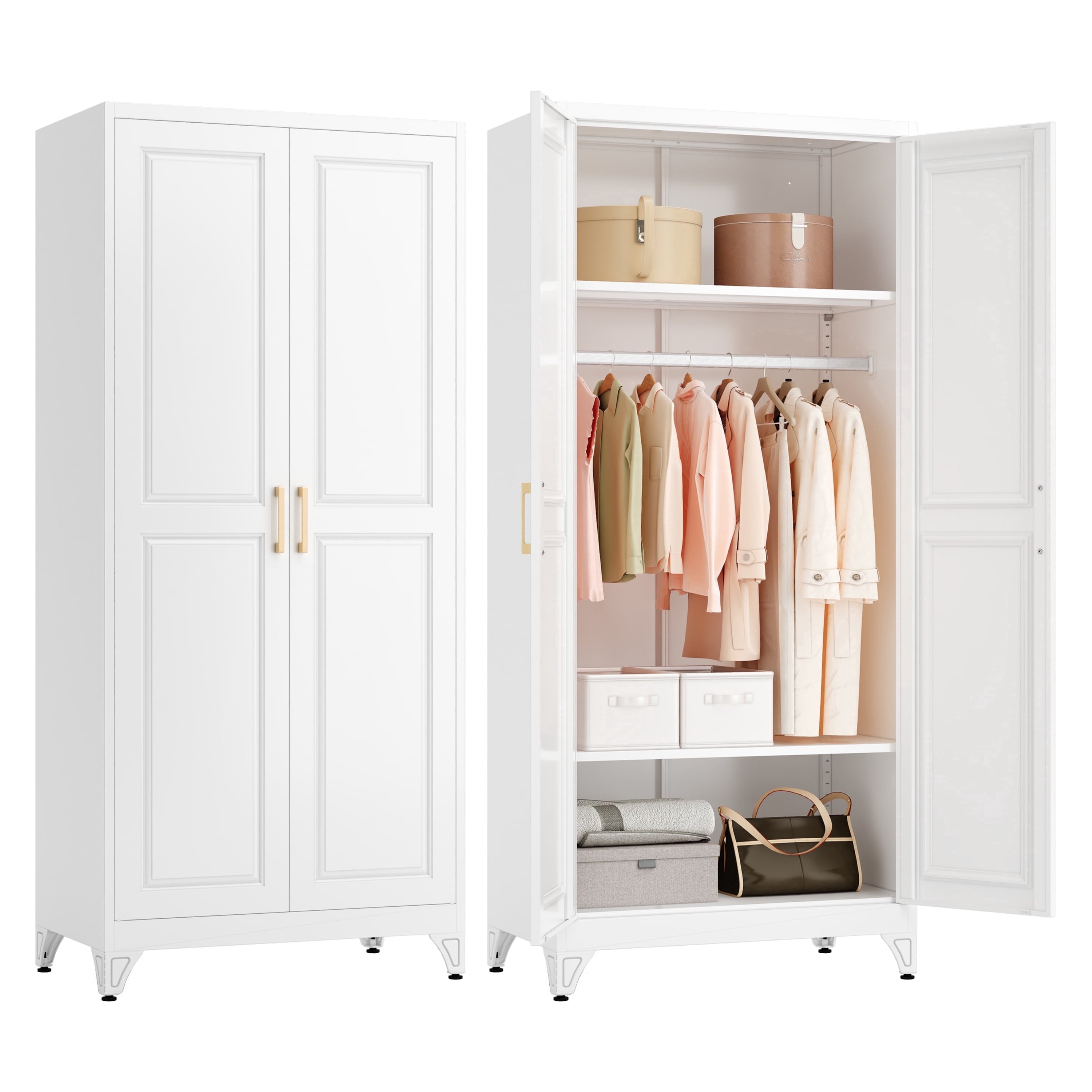 Polup 71 H Modern Metal Sturdy Armoire Cabinet with Shelves and Hanging Rod, Adult Bedroom Wardrobe Closet with Doors
