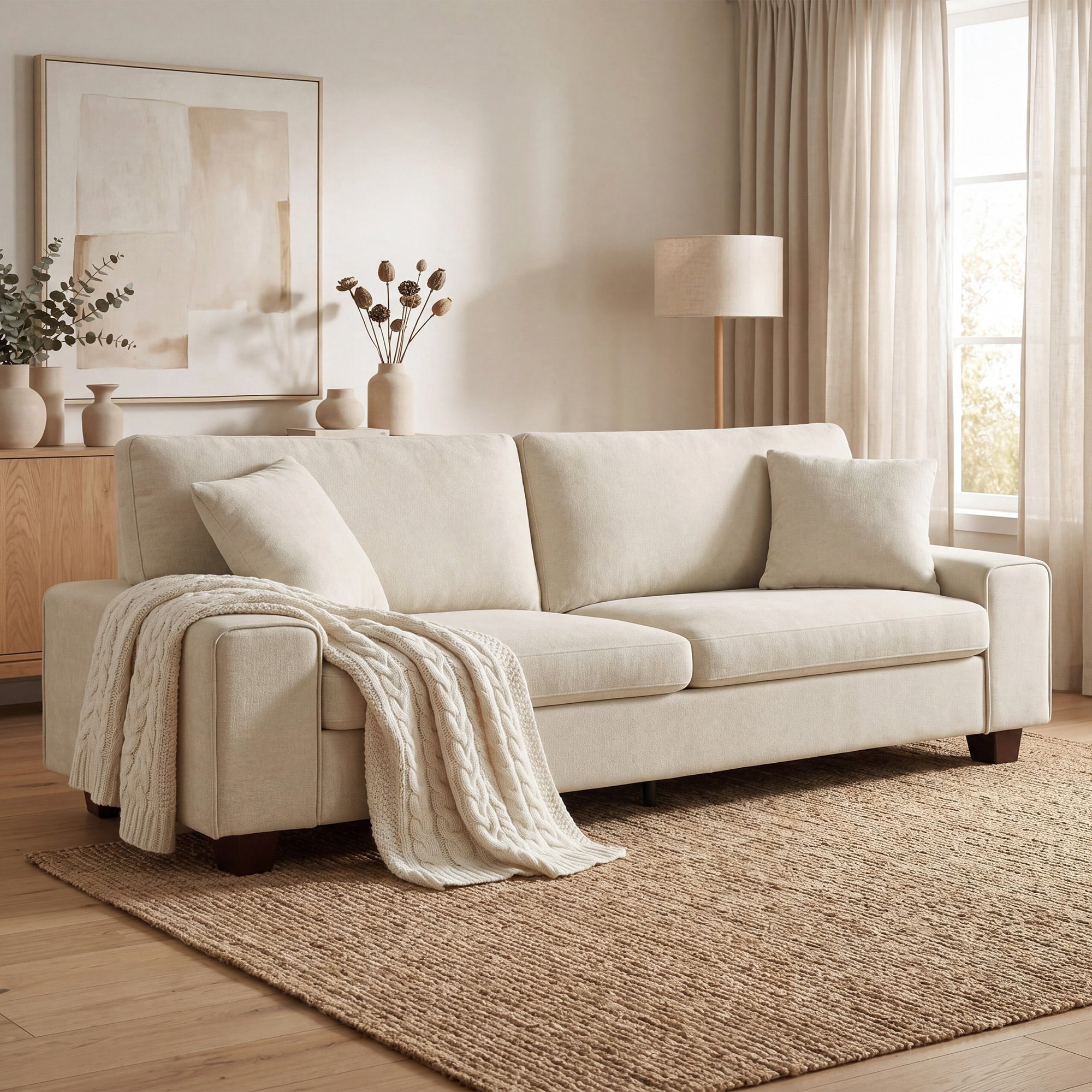 Poshby 88.58''W 3 Seater Sofa Couch with Chenille, Modern Square Arm for Living Room, Light Gray
