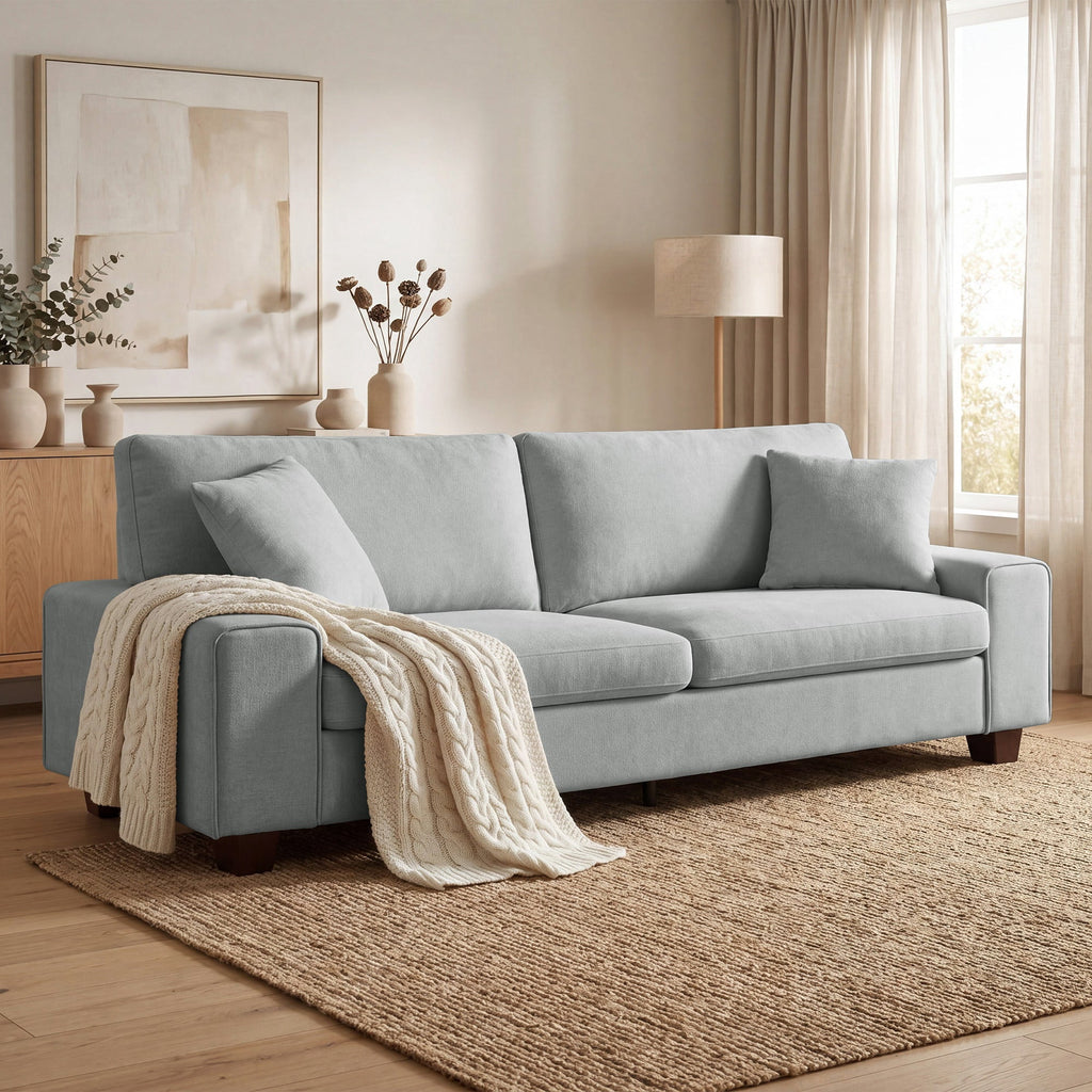 Poshby 88.58''W 3 Seater Sofa Couch with Chenille, Modern Square Arm for Living Room, Light Gray