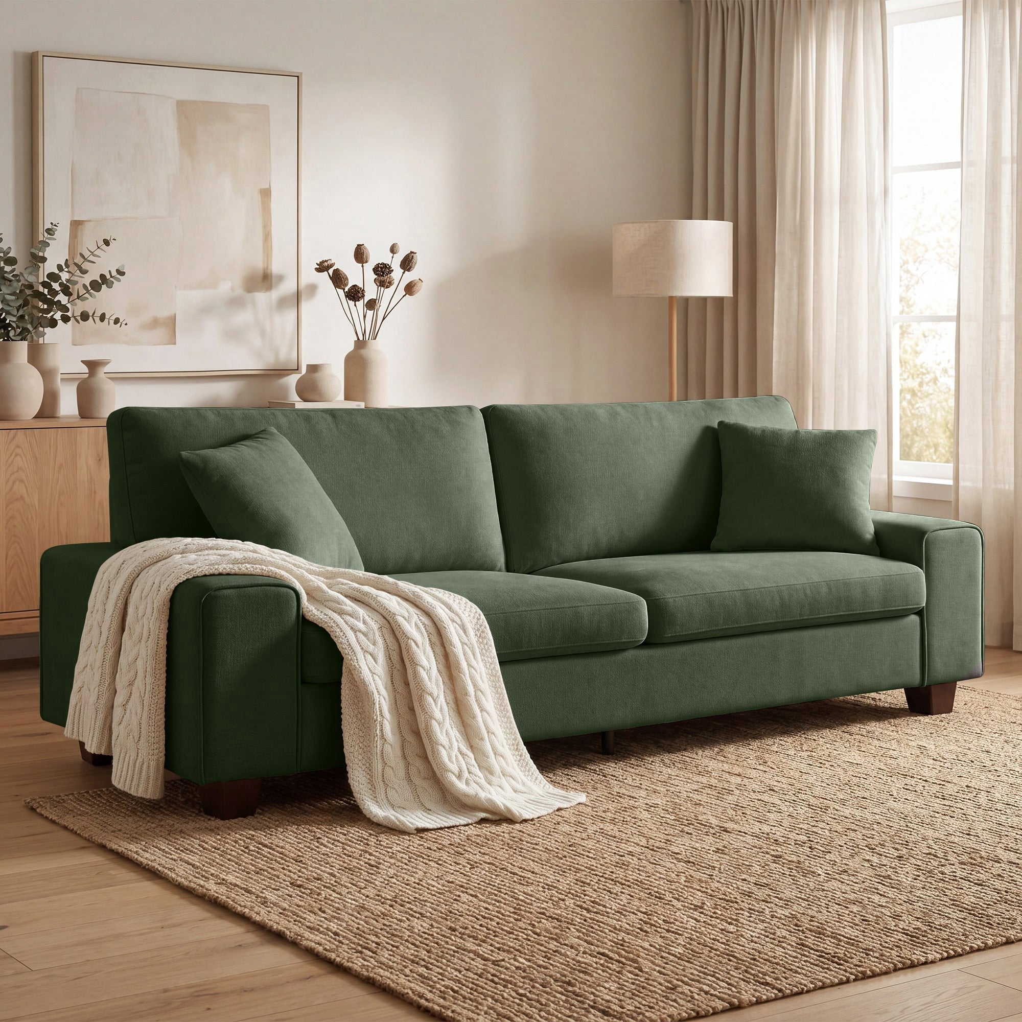 Poshby 88.58''W 3 Seater Sofa Couch with Chenille, Modern Square Arm for Living Room, Light Gray