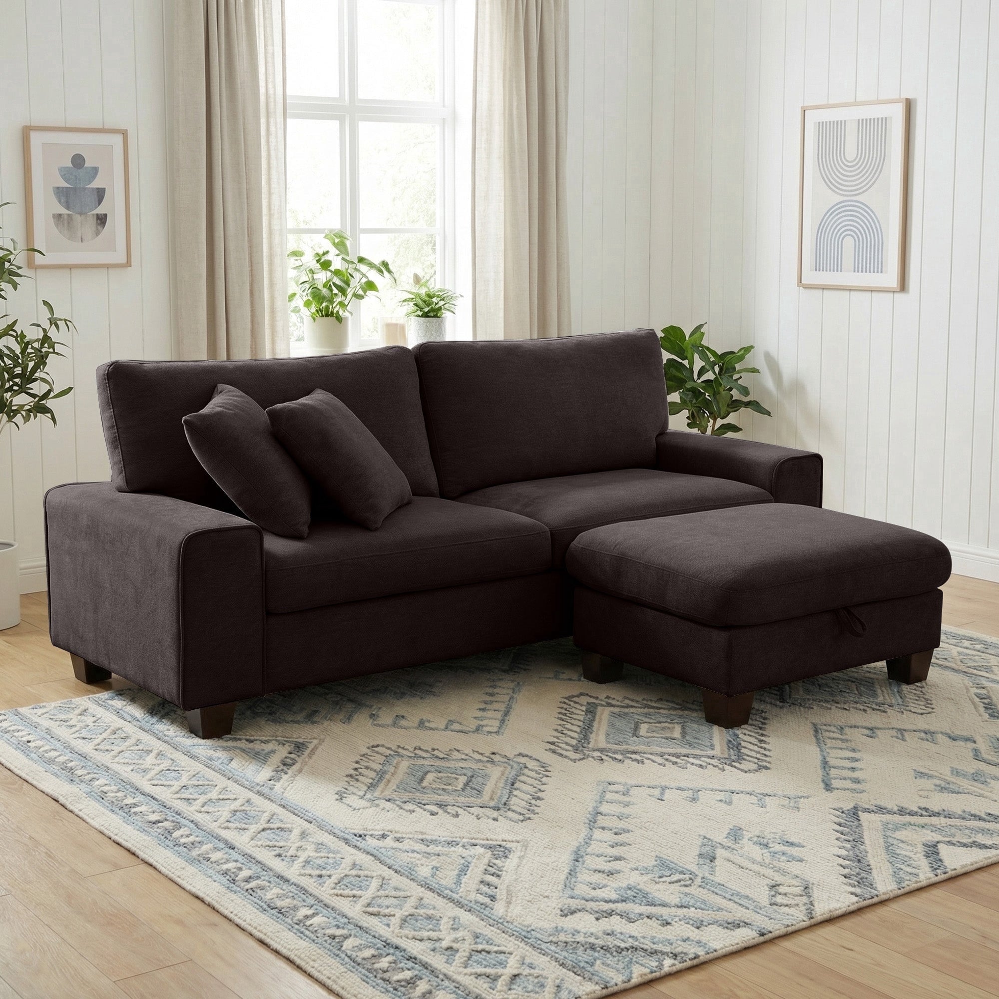 Poshby 88.58''W 3 Seater Sofa Couch with Chenille, Modern Square Arm for Living Room, Light Gray
