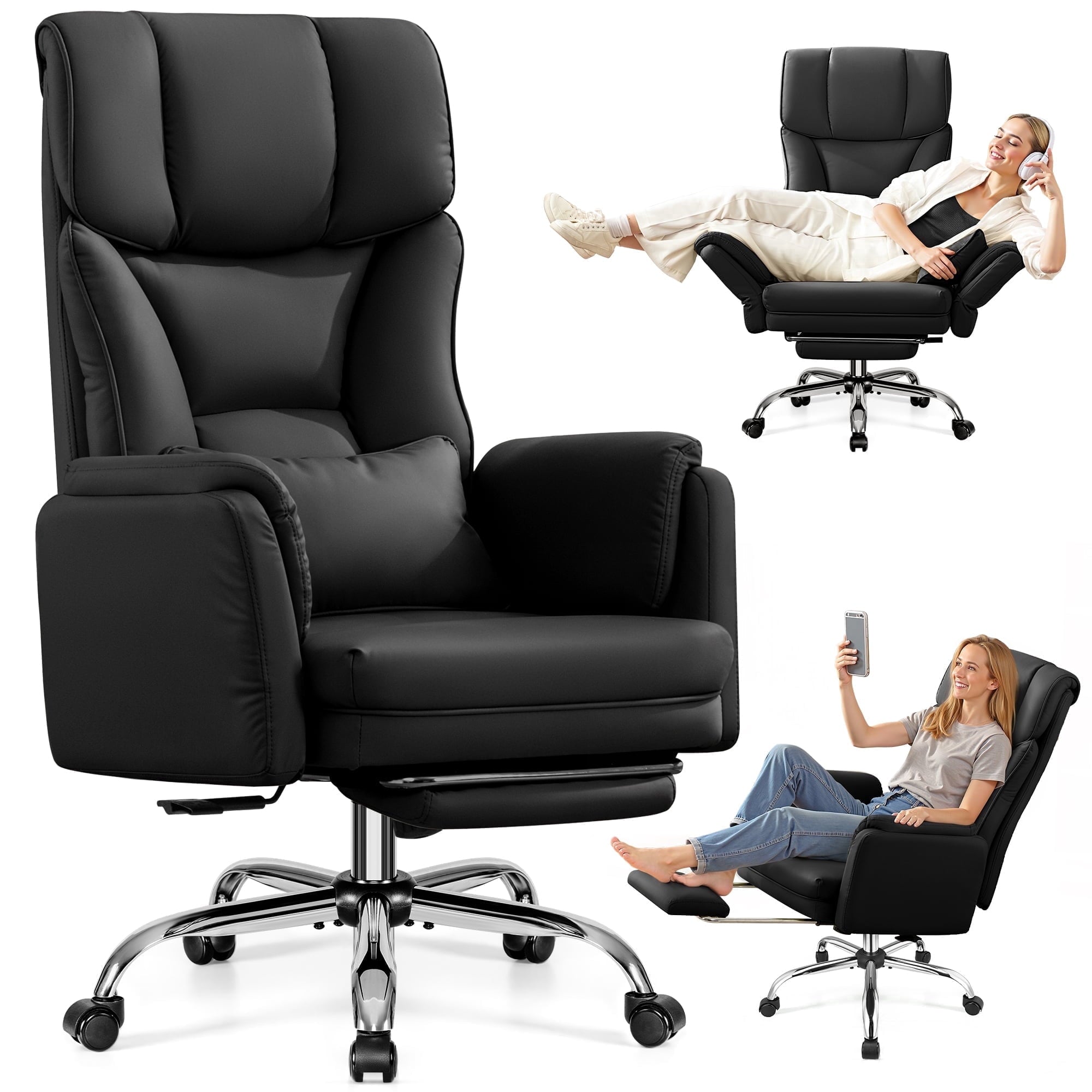 Primy Cross Legged Office Chair with Footrest & Convertible Armrests, 500LBS Capacity Home Desk Chair, Ergonomic Recliner with Lumbar Pillow, Criss Cross Design, Big and Tall Executive Chair