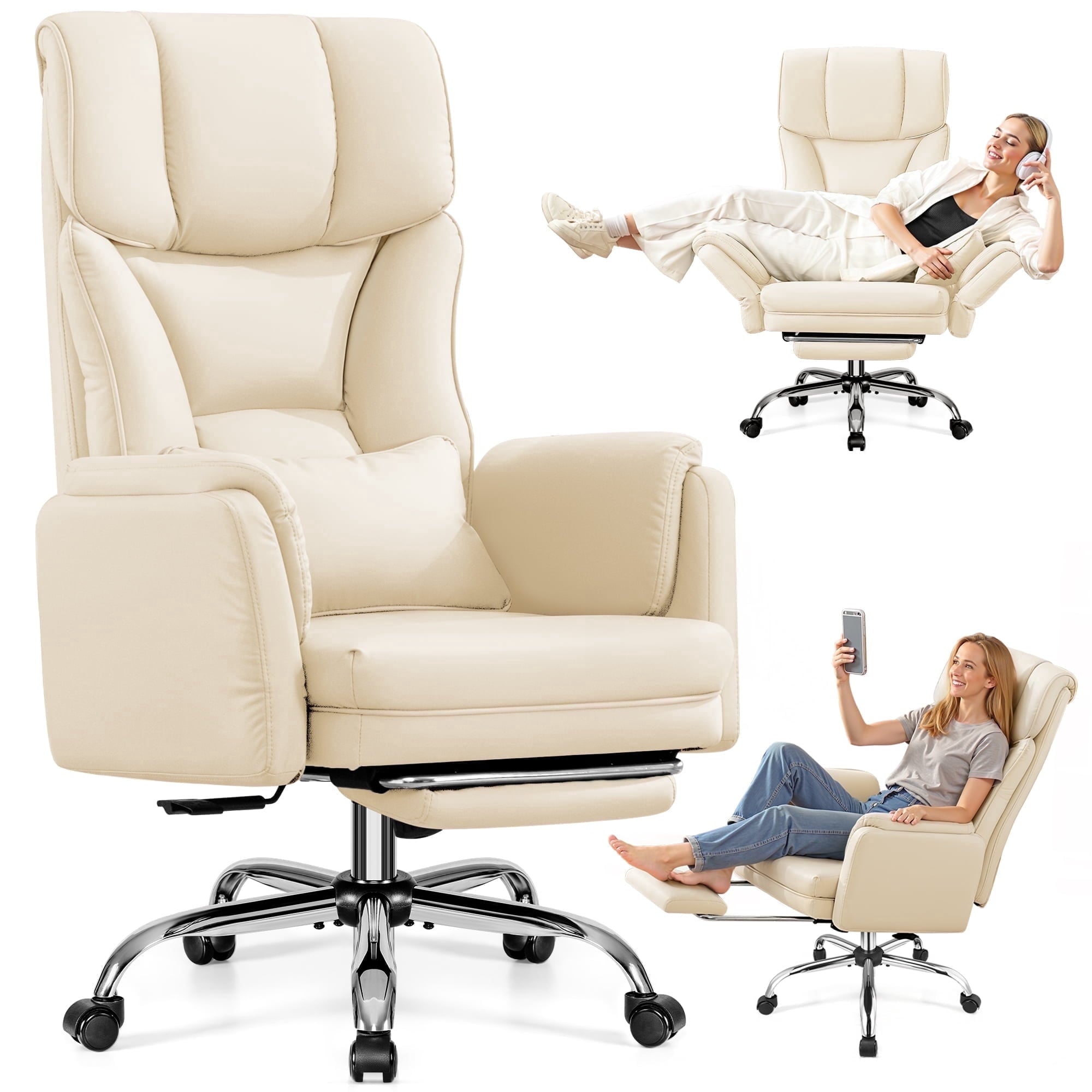Primy Cross Legged Office Chair with Footrest & Convertible Armrests, 500LBS Capacity Home Desk Chair, Ergonomic Recliner with Lumbar Pillow, Criss Cross Design, Big and Tall Executive Chair