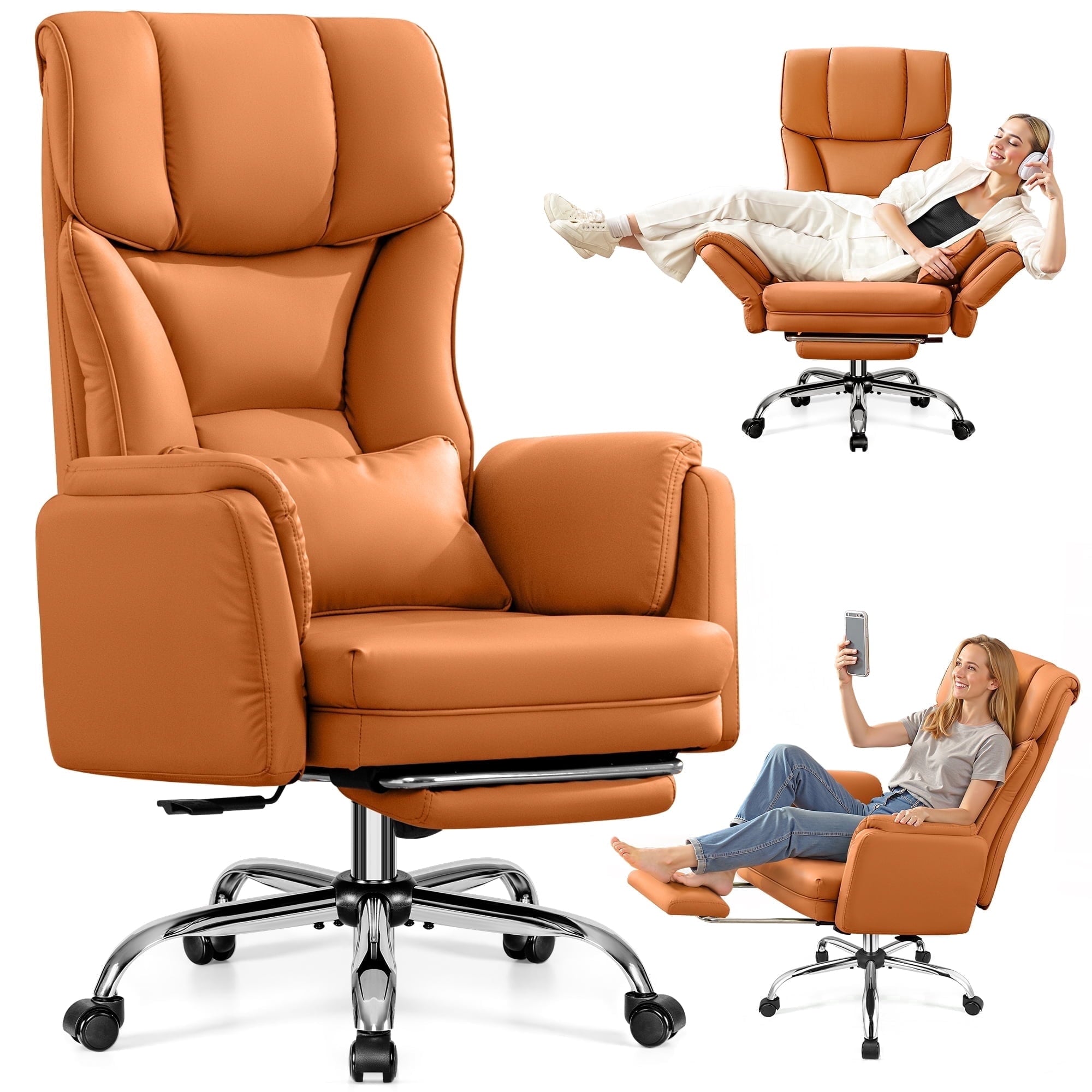 Primy Cross Legged Office Chair with Footrest & Convertible Armrests, 500LBS Capacity Home Desk Chair, Ergonomic Recliner with Lumbar Pillow, Criss Cross Design, Big and Tall Executive Chair