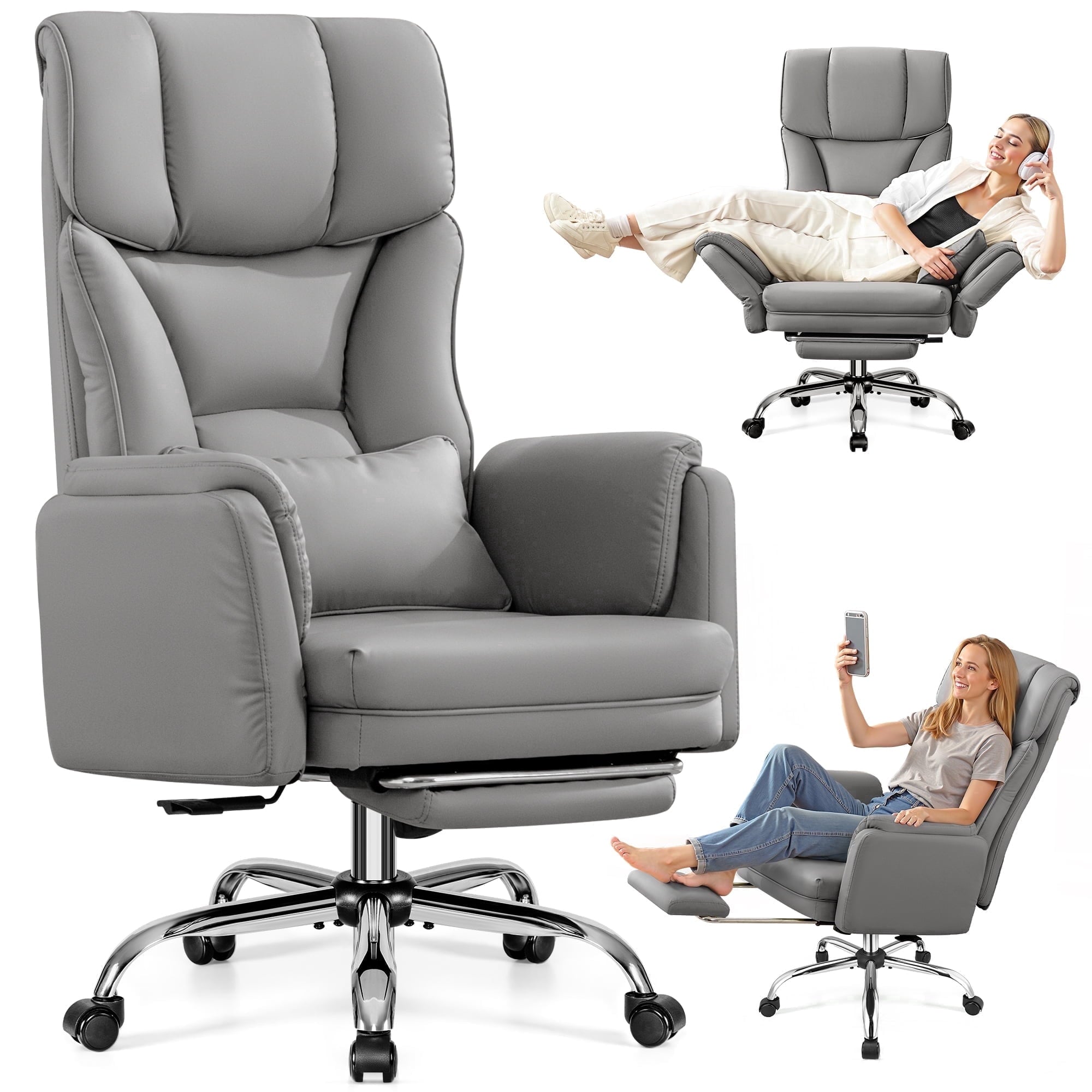 Primy Cross Legged Office Chair with Footrest & Convertible Armrests, 500LBS Capacity Home Desk Chair, Ergonomic Recliner with Lumbar Pillow, Criss Cross Design, Big and Tall Executive Chair