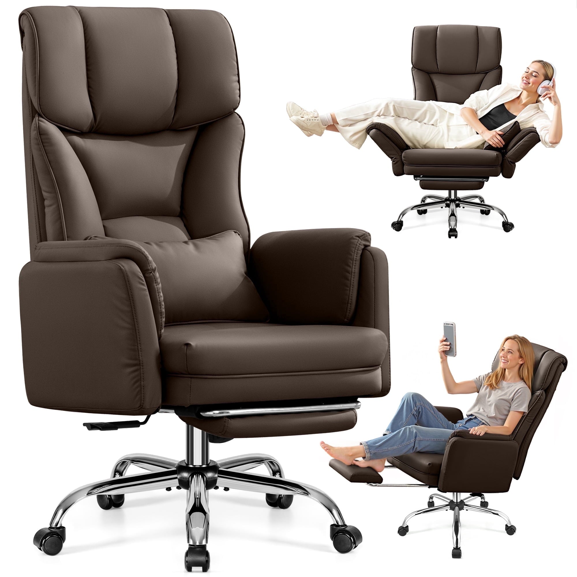 Primy Cross Legged Office Chair with Footrest & Convertible Armrests, 500LBS Capacity Home Desk Chair, Ergonomic Recliner with Lumbar Pillow, Criss Cross Design, Big and Tall Executive Chair