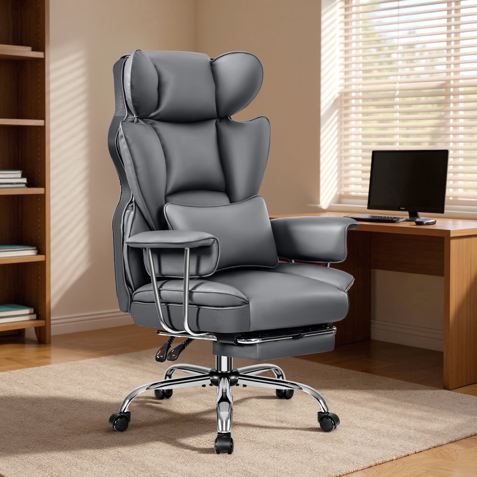 Primy High Back Office Chair, Big and Tall PU Leather Executive Chair with Footrest – Ergonomic Reclining Computer Desk Chair, High-Density Foam, Heavy Duty Swivel Rolling Chair, Black