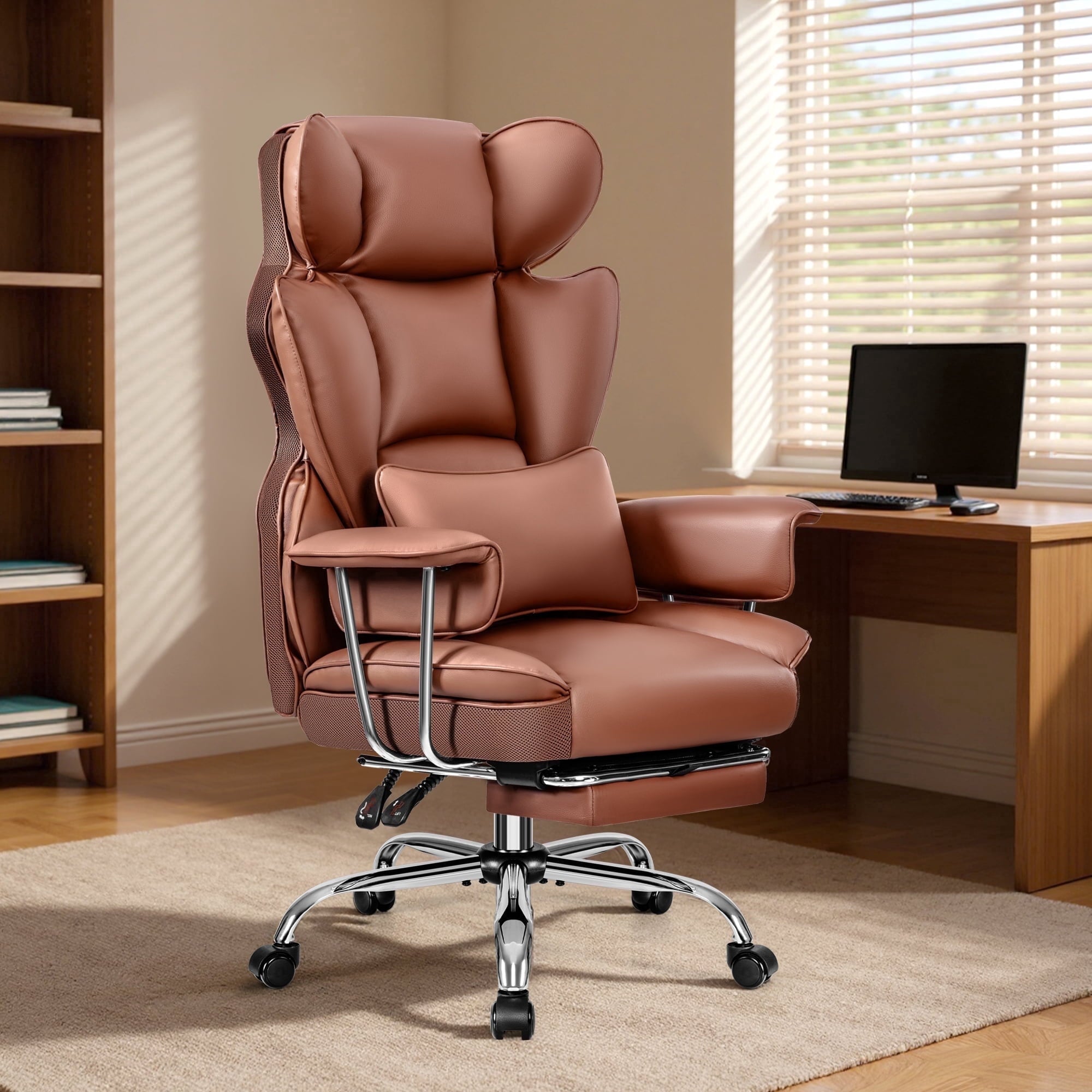 Primy High Back Office Chair, Big and Tall PU Leather Executive Chair with Footrest – Ergonomic Reclining Computer Desk Chair, High-Density Foam, Heavy Duty Swivel Rolling Chair, Black