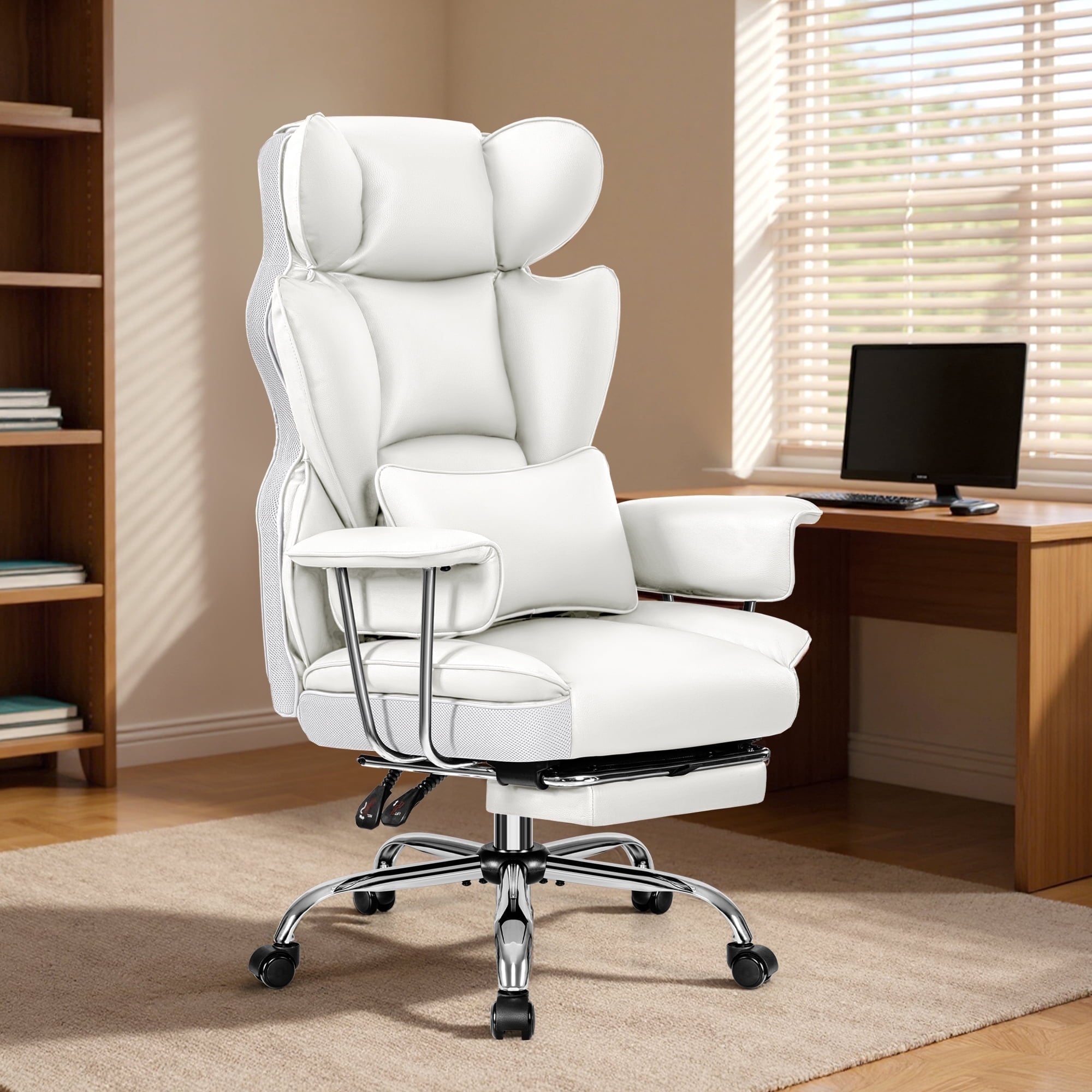 Primy High Back Office Chair, Big and Tall PU Leather Executive Chair with Footrest – Ergonomic Reclining Computer Desk Chair, High-Density Foam, Heavy Duty Swivel Rolling Chair, Black