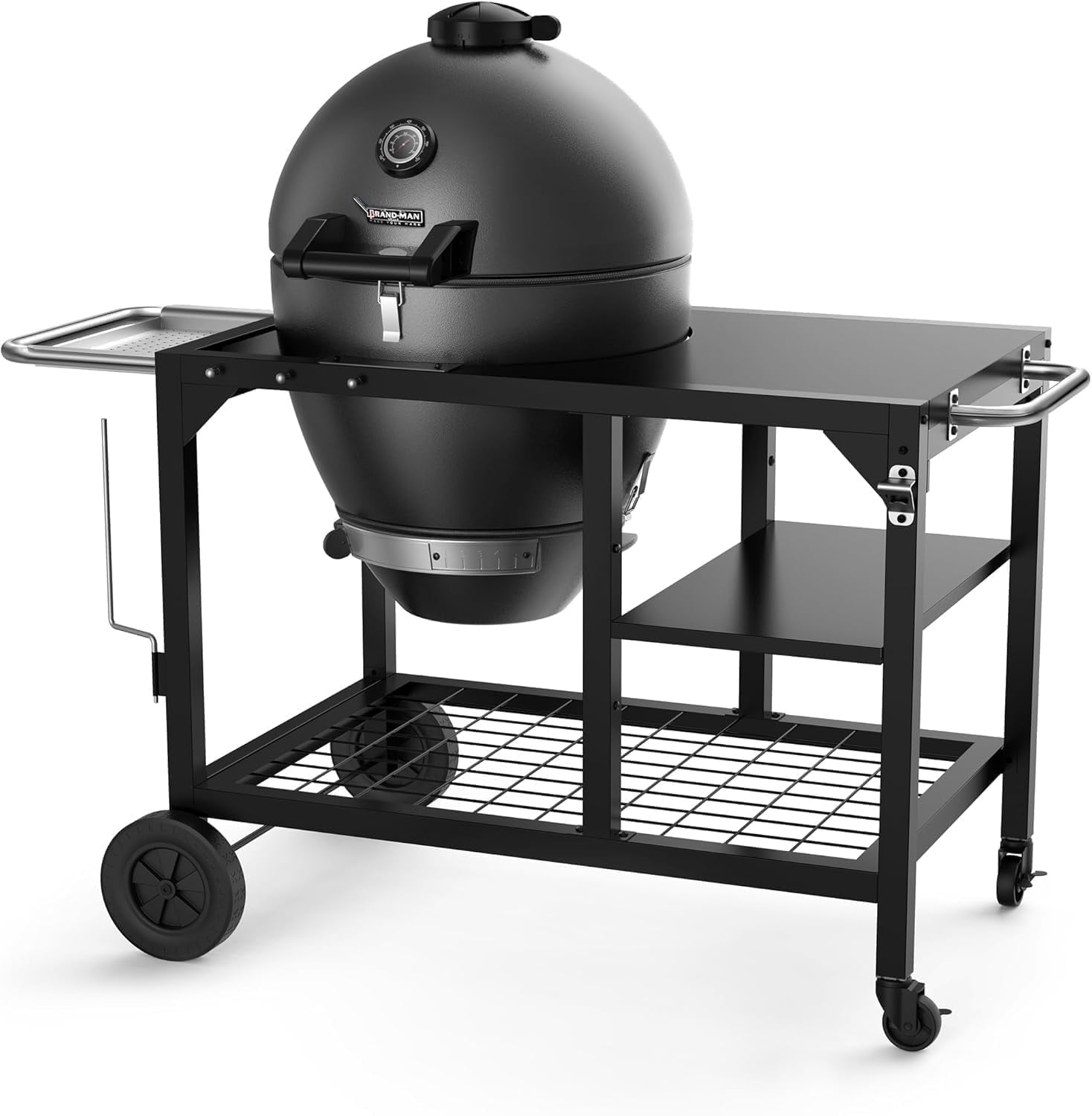 Brand Man 22 Kamado Charcoal Smoker Grill with Rolling Cart, Warming Rack, Pizza Stone & Vegetable Basket for Outdoor BBQ