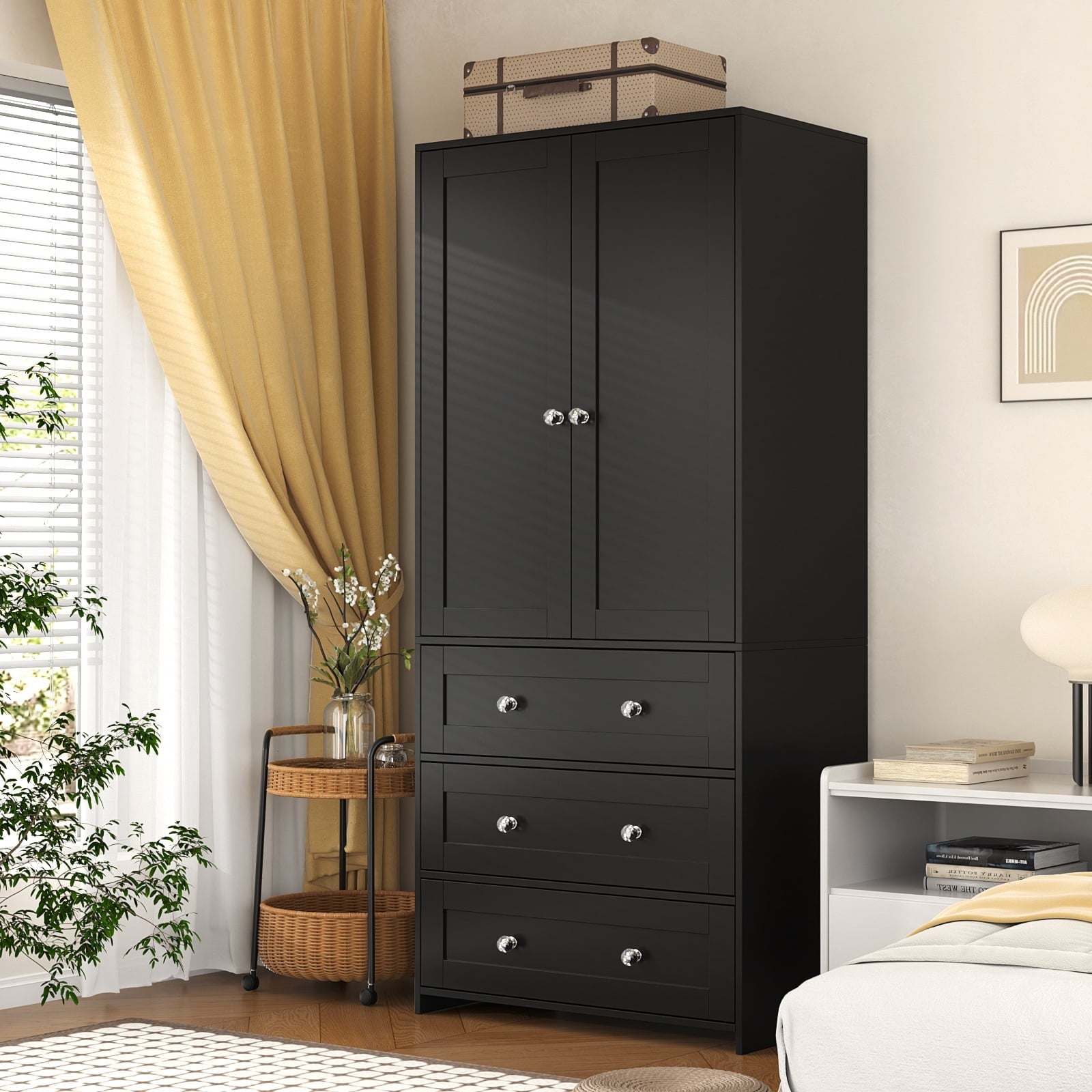 Richya Wooden Freestanding Wardrobe Closet Cabinet with 3 Drawers,Modern Wood Closet Storage Cabinet for Bedroom
