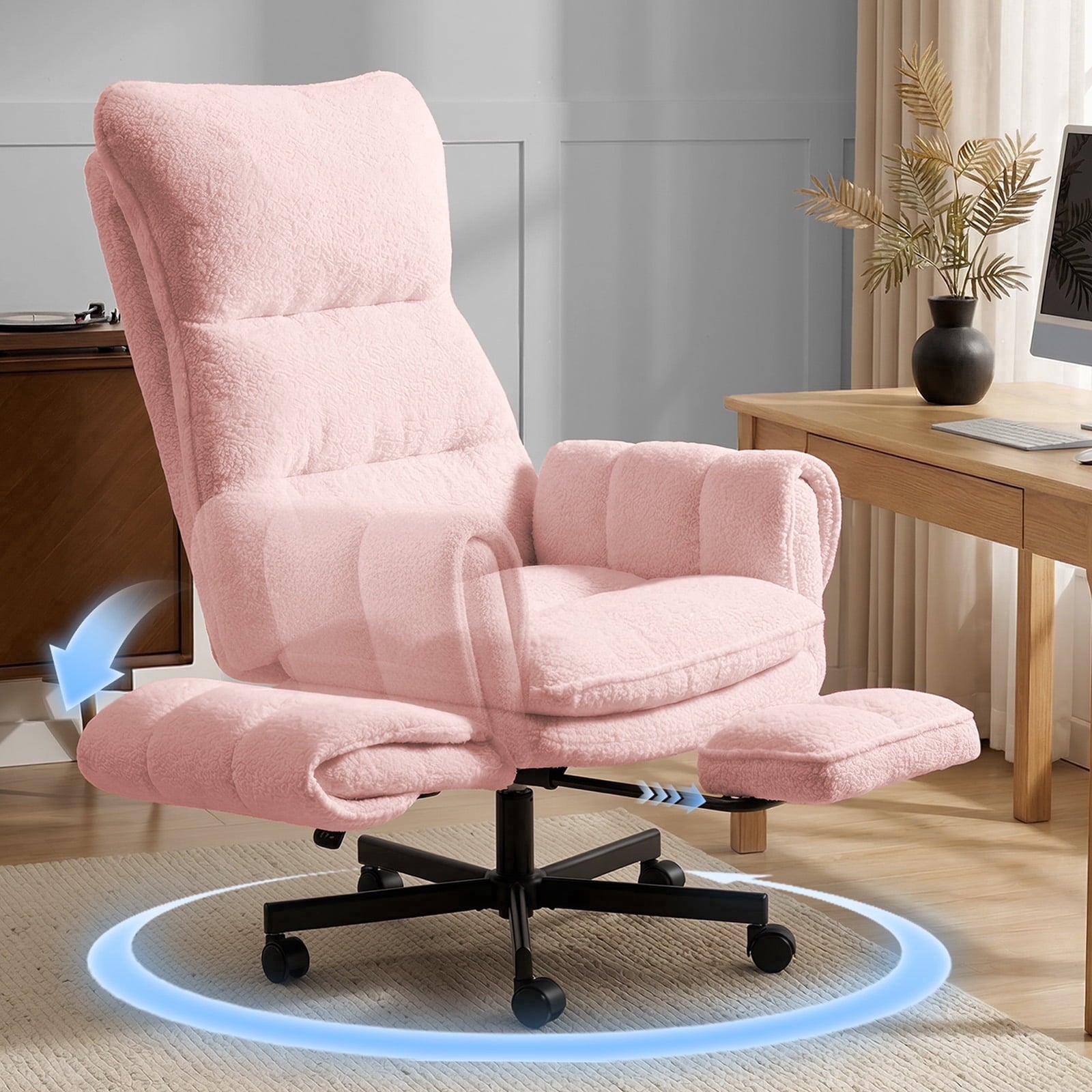 Patbrela Big and Tall Office Chair, Teddy Plush Swivel Desk Chair Ergonomic Computer Chairs with Adjustable Armrests, Beige