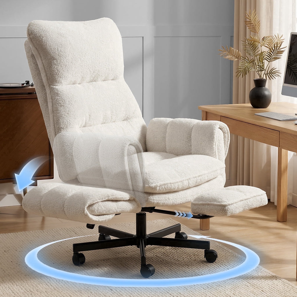 Patbrela Big and Tall Office Chair, Teddy Plush Swivel Desk Chair Ergonomic Computer Chairs with Adjustable Armrests, Beige