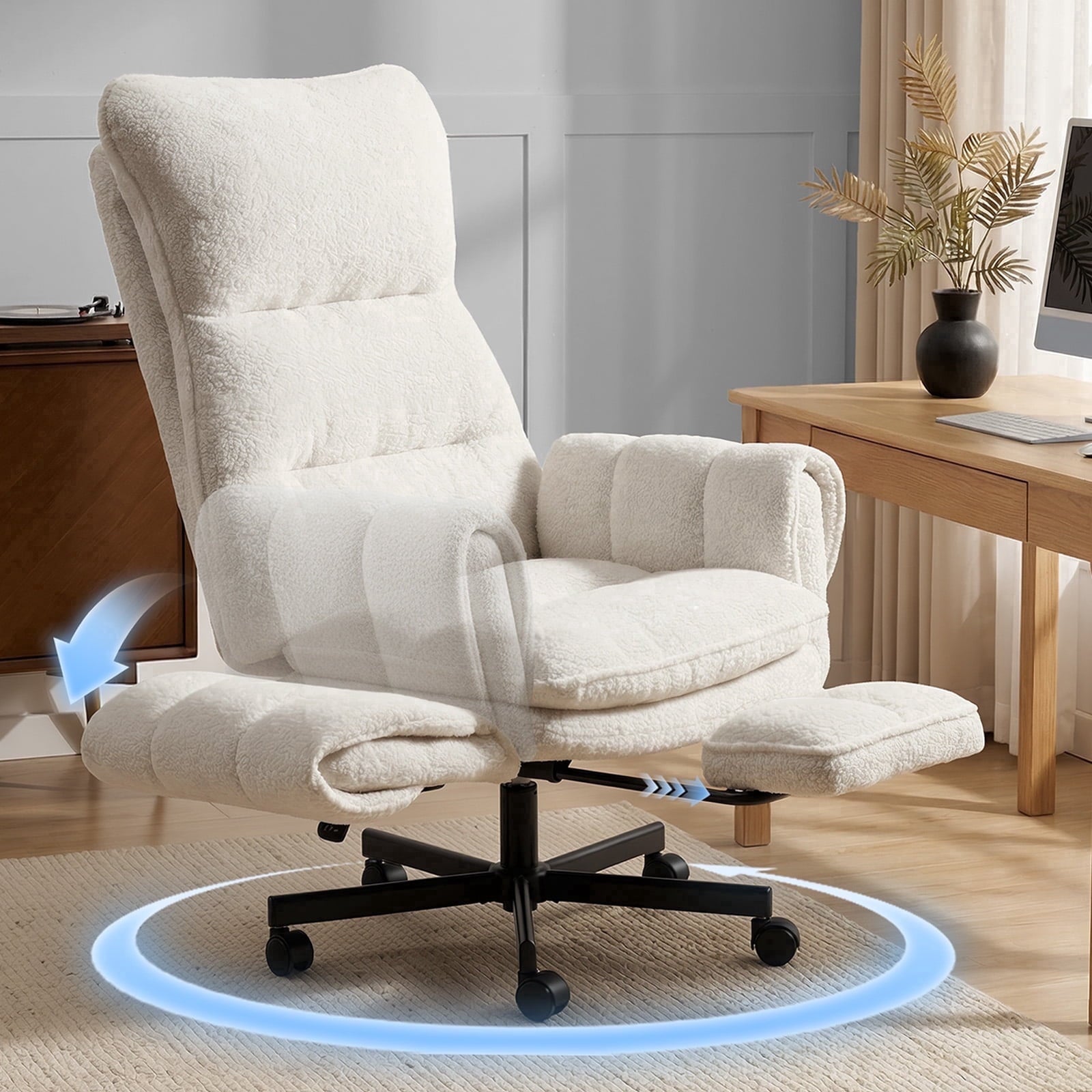 Patbrela Big and Tall Office Chair, Teddy Plush Swivel Desk Chair Ergonomic Computer Chairs with Adjustable Armrests, Beige