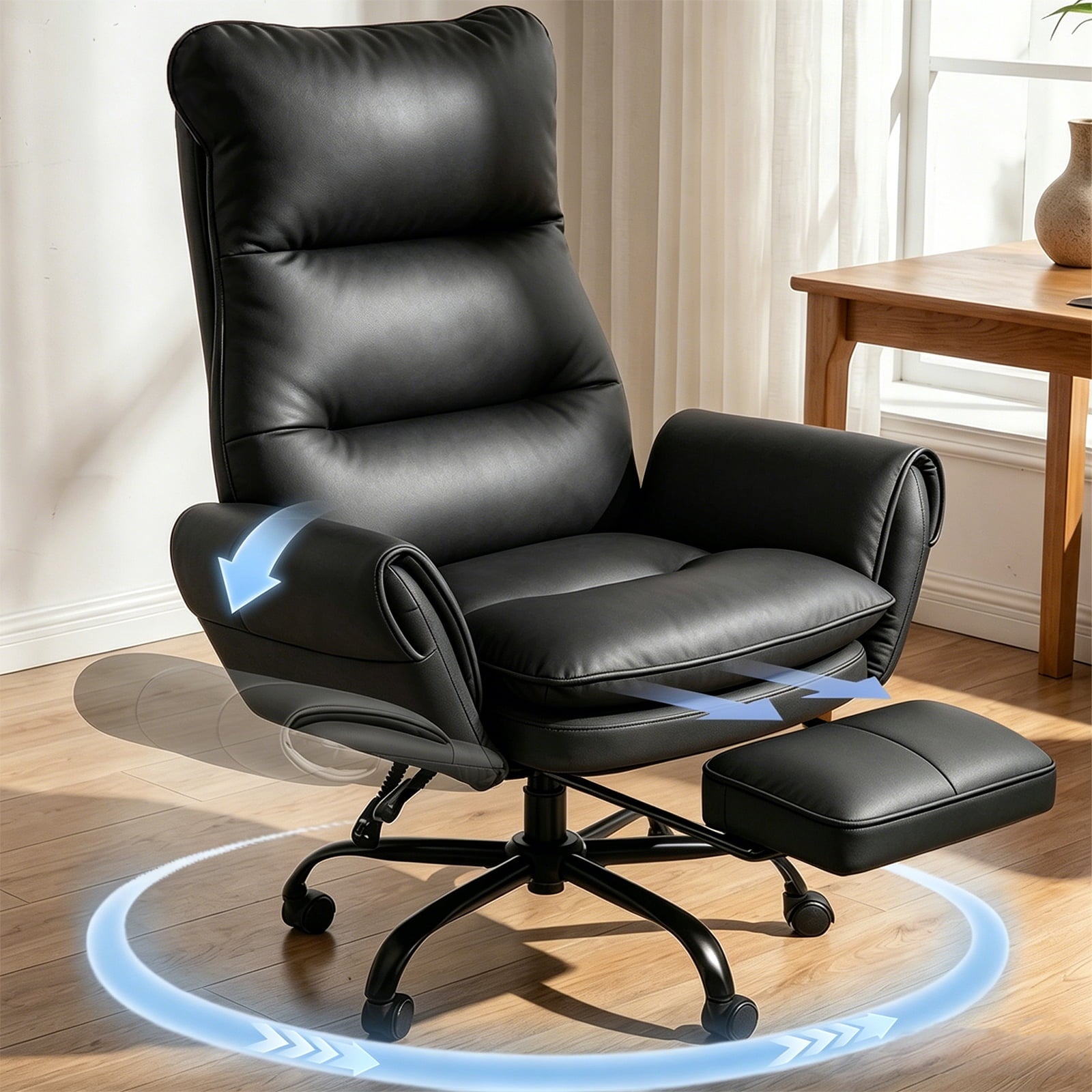 Patbrela Big and Tall Office Chair, PU Leather Swivel Desk Chair Ergonomic Computer Chairs with Adjustable Armrests, Black