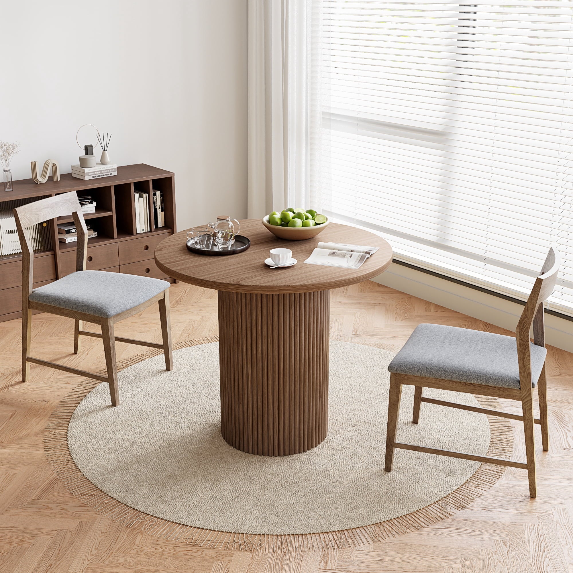Rophefx 35.4 Solid Wood Round Dining Table with Handcrafted Relief Pedestal,Circle Dining Table,Natural