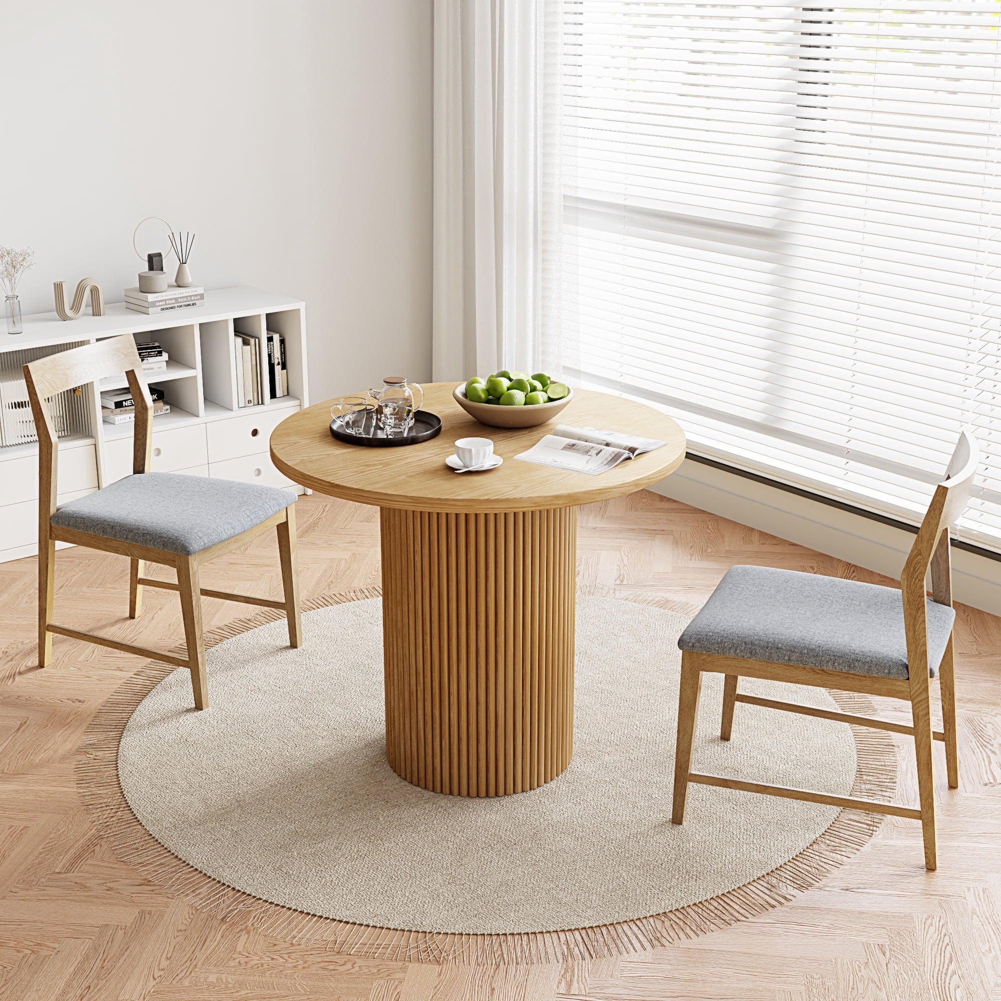 Rophefx 35.4 Solid Wood Round Dining Table with Handcrafted Relief Pedestal,Circle Dining Table,Natural