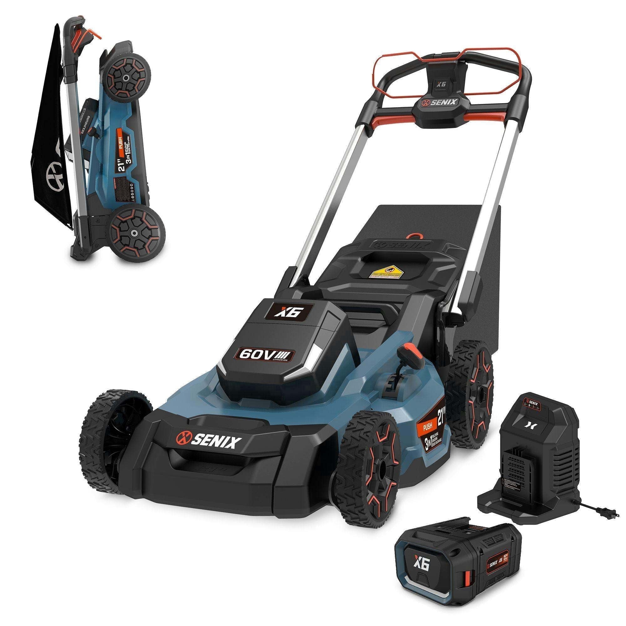 SENIX X6 60V 21 Self Propelled Lawn Mower , 8Ah Battery & Rapid 8A Charger, 3-in-1 Brushless, Smart LED Display, 7-Height Adjustment, 3-Mode, Variable Speed Push Mower