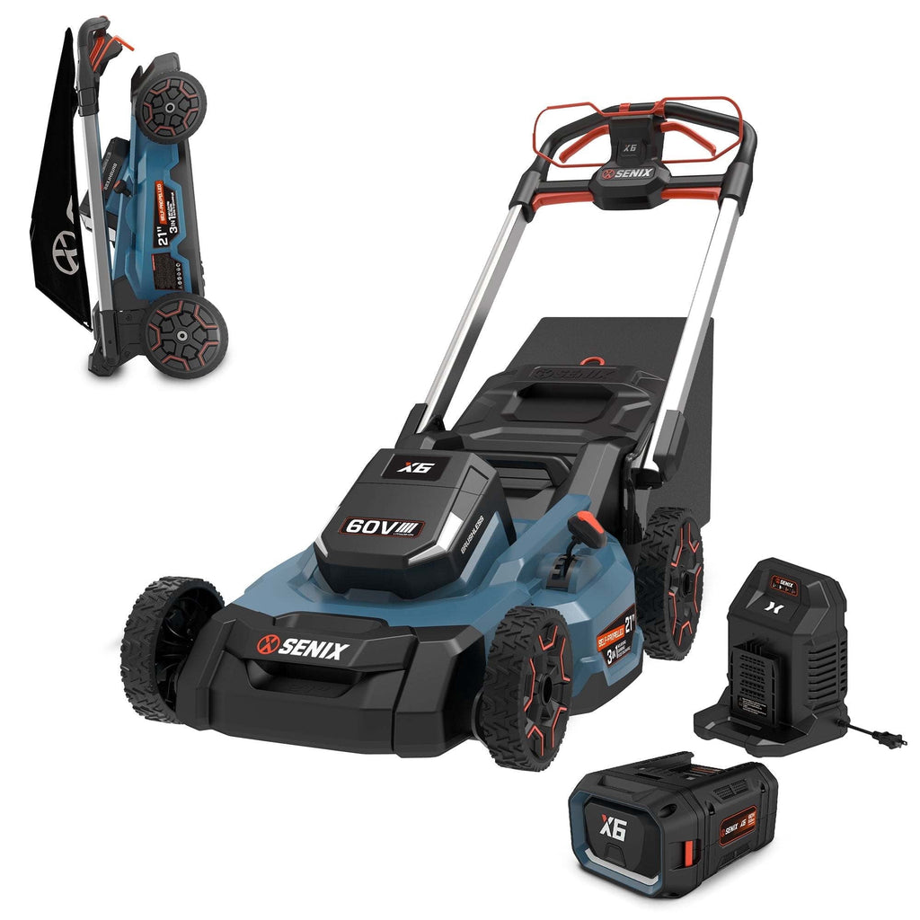 SENIX X6 60V 21 Self Propelled Lawn Mower , 8Ah Battery & Rapid 8A Charger, 3-in-1 Brushless, Smart LED Display, 7-Height Adjustment, 3-Mode, Variable Speed Push Mower