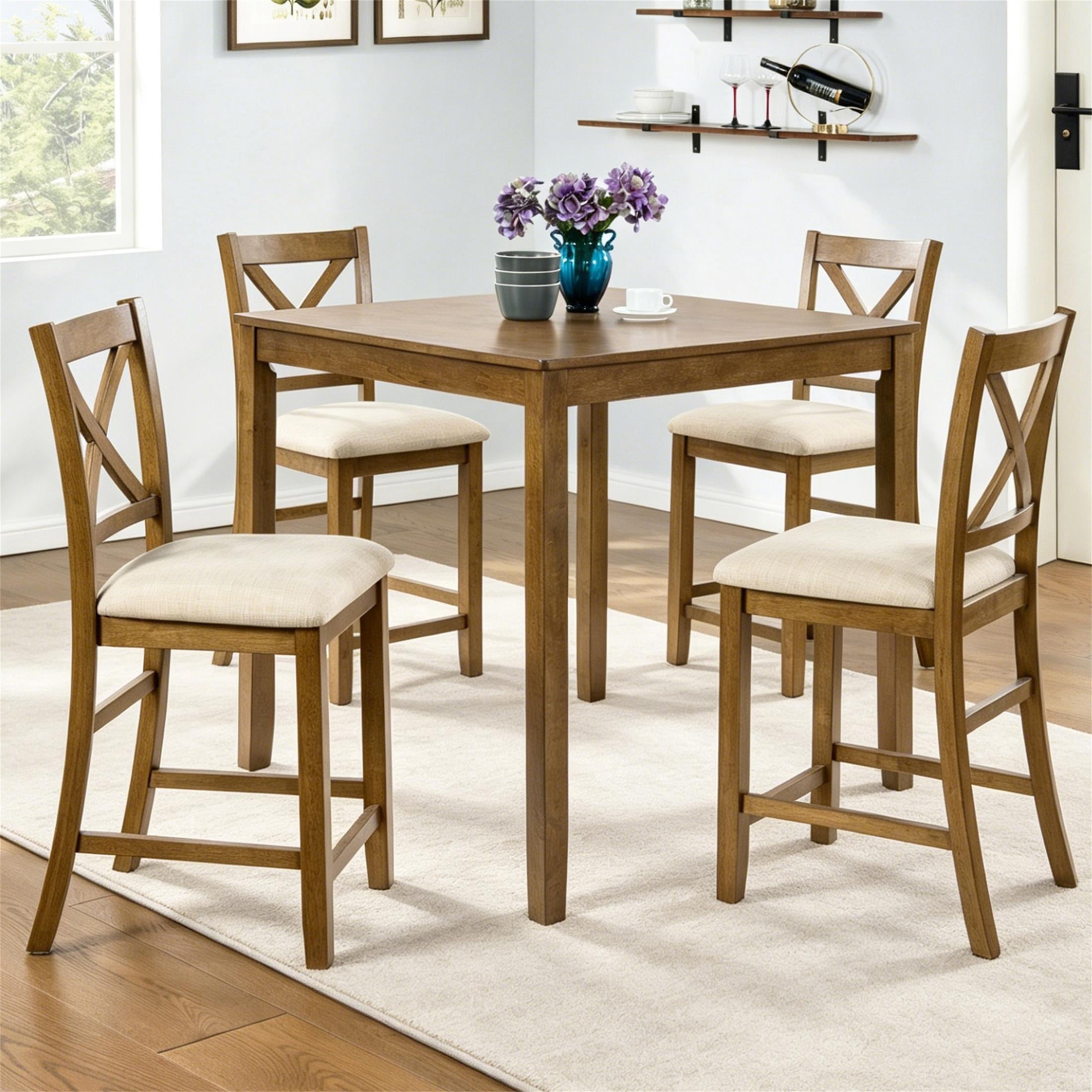 SESSLIFE Dining Table Set for 4, Counter Height Kitchen Table Set with Square Table and 4 Upholstered Chairs, Solid Wood Dining Room Set for 4, Space-Saving, Black & Oak