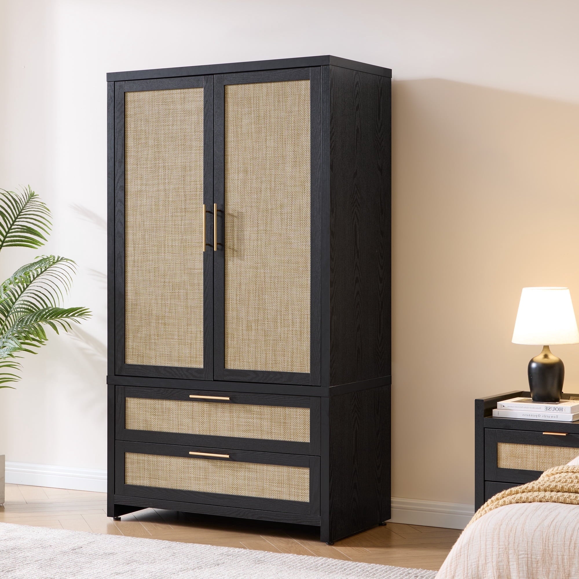 SICOTAS 40W Oversized Boho Armoire Wardrobe Closet with 2 Large Drawers, 71 Tall Rattan Clothing Storage Cabinet with Shelves & Hanging Rod, Farmhouse Freestanding Wardrobe Cabinet for Bedroom, Oak