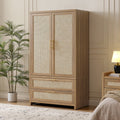 SICOTAS 40W Oversized Boho Armoire Wardrobe Closet with 2 Large Drawers, 71 Tall Rattan Clothing Storage Cabinet with Shelves & Hanging Rod, Farmhouse Freestanding Wardrobe Cabinet for Bedroom, Oak