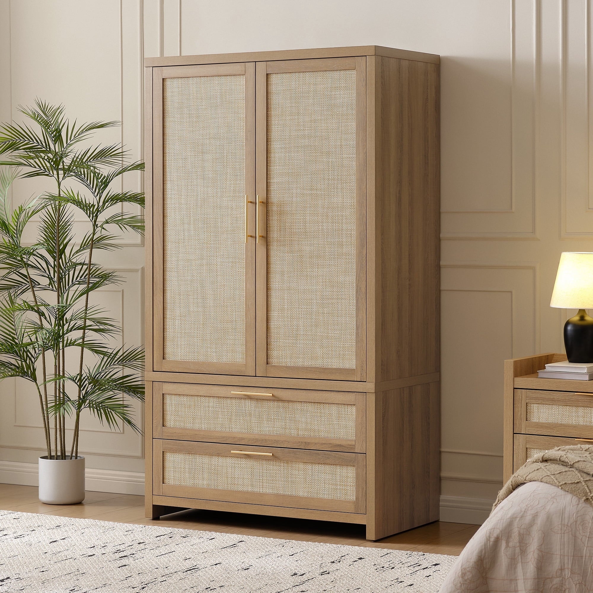SICOTAS 40W Oversized Boho Armoire Wardrobe Closet with 2 Large Drawers, 71 Tall Rattan Clothing Storage Cabinet with Shelves & Hanging Rod, Farmhouse Freestanding Wardrobe Cabinet for Bedroom, Oak