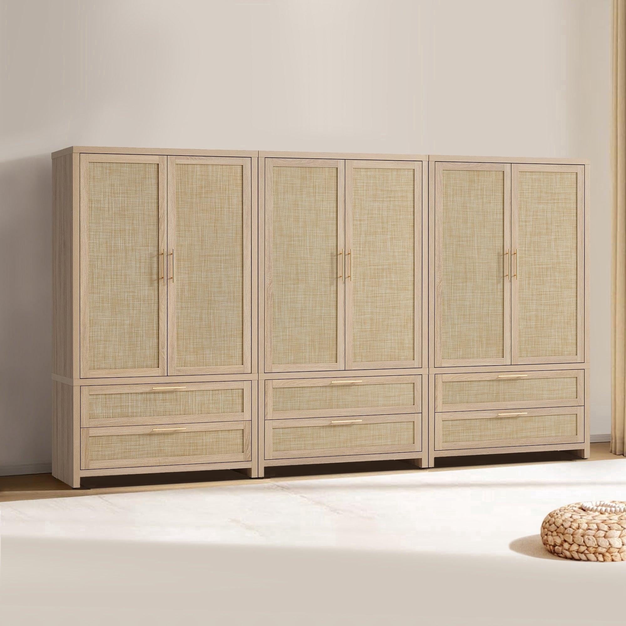 SICOTAS 40W Oversized Boho Armoire Wardrobe Closet with 2 Large Drawers, 71 Tall Rattan Clothing Storage Cabinet with Shelves & Hanging Rod, Farmhouse Freestanding Wardrobe Cabinet for Bedroom, Oak