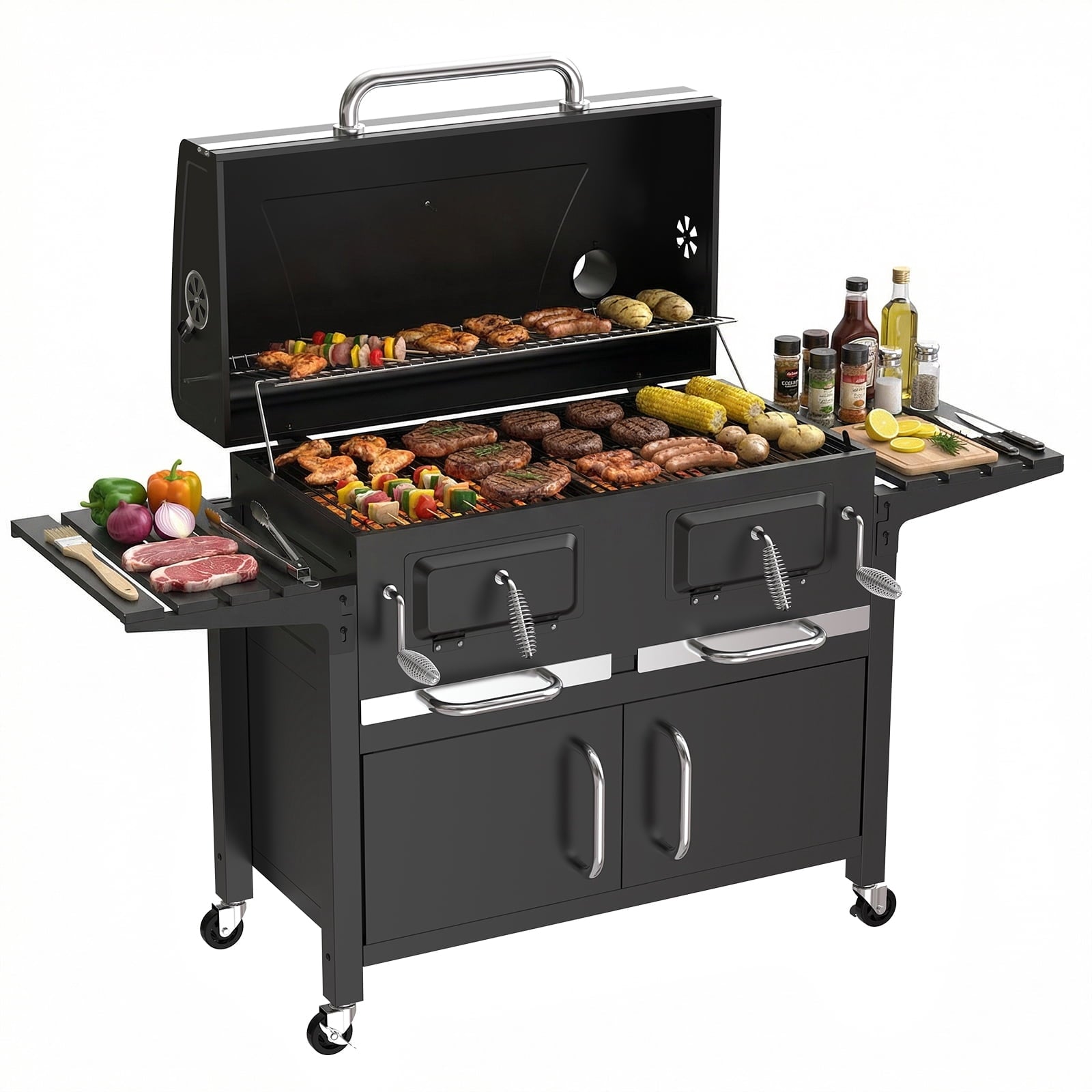 SIXDAY Extra Large Charcoal Grill with Dual Adjustable Charcoal Trays, 3 Enamel Cooking Grates, Chrome Warming Rack, 4 Wheels & Foldable Side Tables, Outdoor BBQ Smoker
