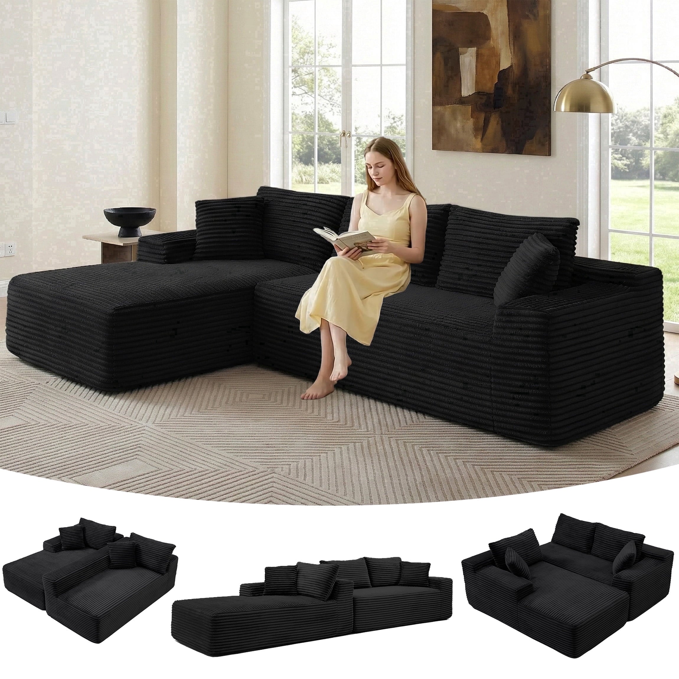 SOULART 138.5 U Shaped Sectional Couch,Gray Cloud Boneless Sofa For Living Room,Plush Corduroy Couches With Deep Seat Chaise Lounge,No Assembly Required