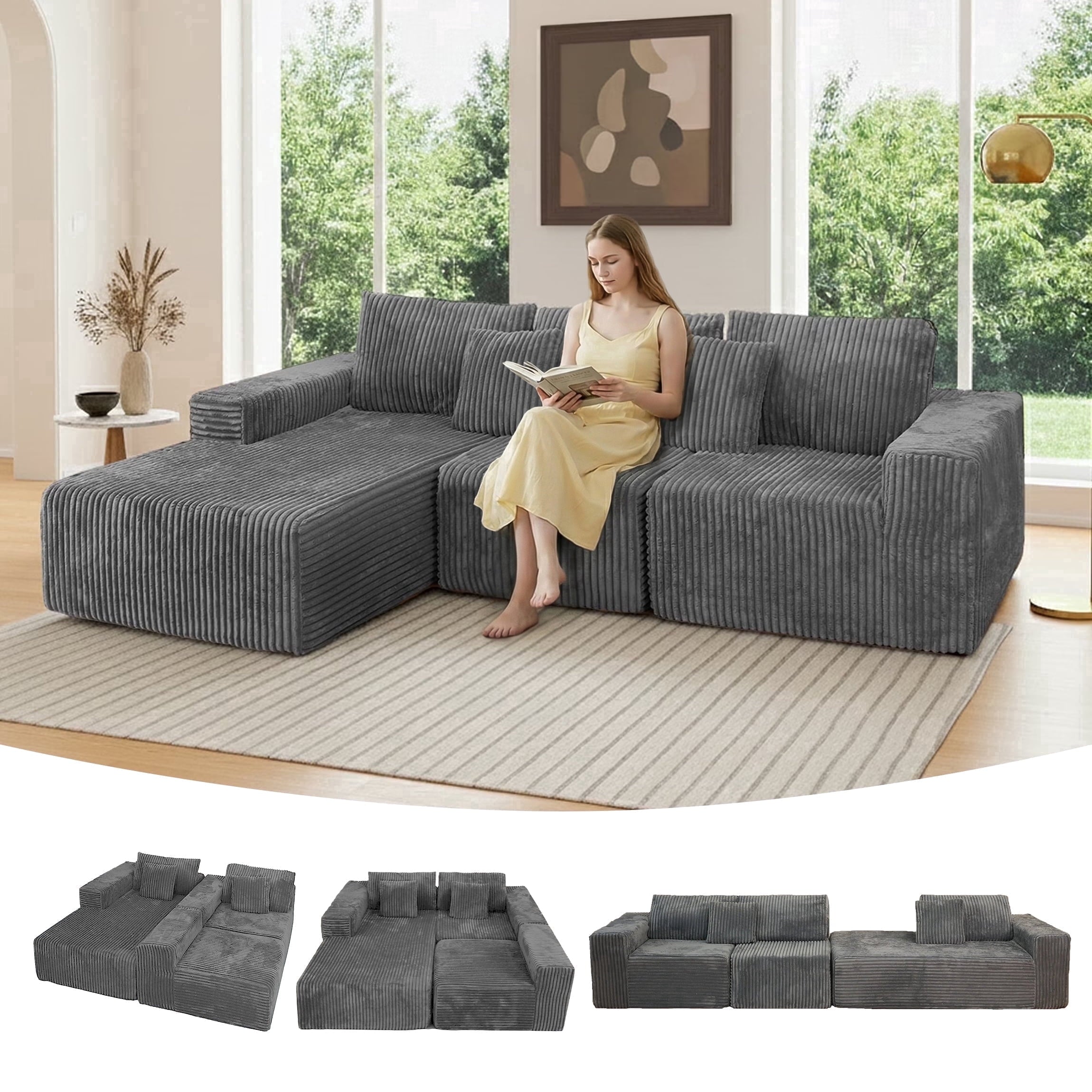 SOULART 138.5 U Shaped Sectional Couch,Gray Cloud Boneless Sofa For Living Room,Plush Corduroy Couches With Deep Seat Chaise Lounge,No Assembly Required