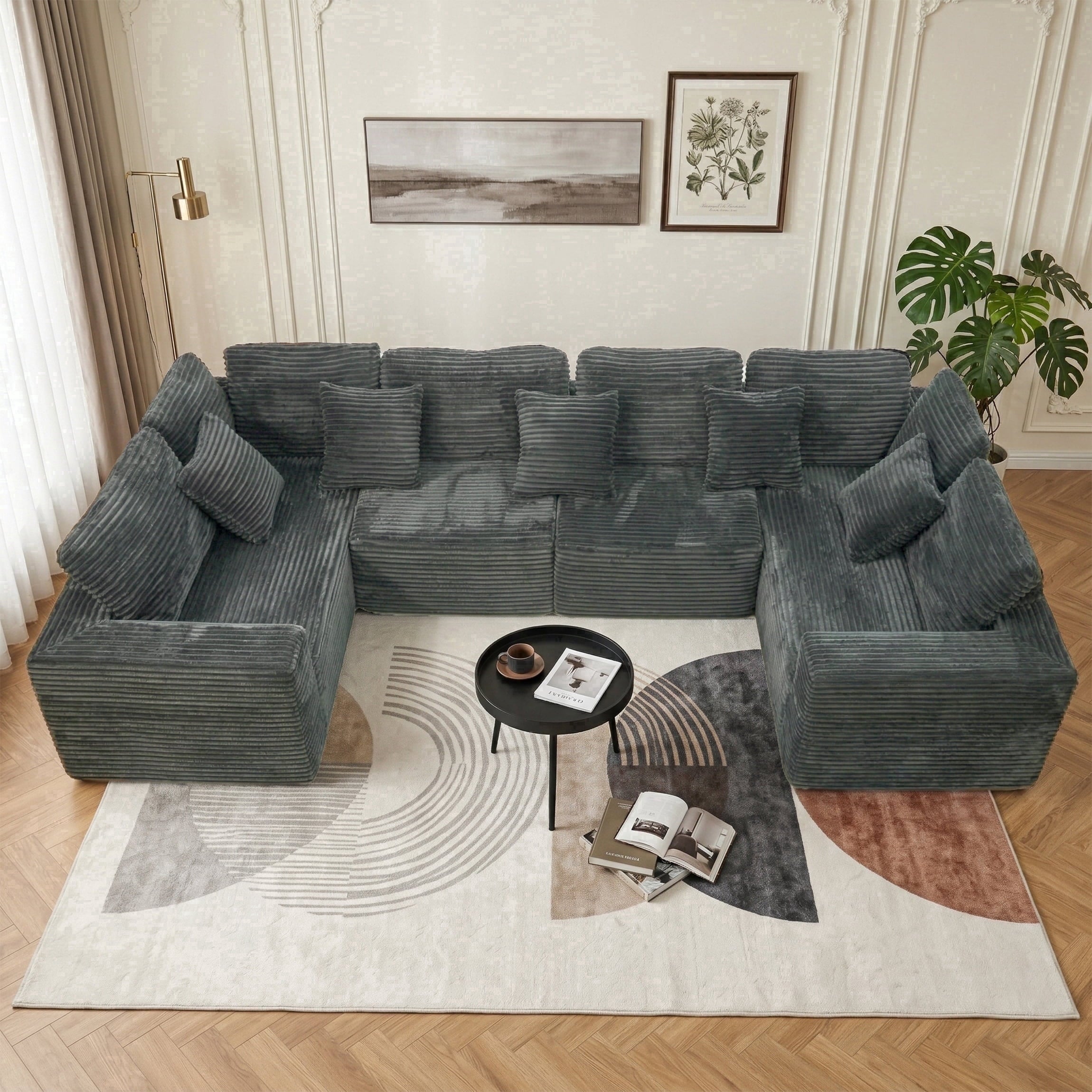 SOULART 138.5 U Shaped Sectional Couch,Gray Cloud Boneless Sofa For Living Room,Plush Corduroy Couches With Deep Seat Chaise Lounge,No Assembly Required