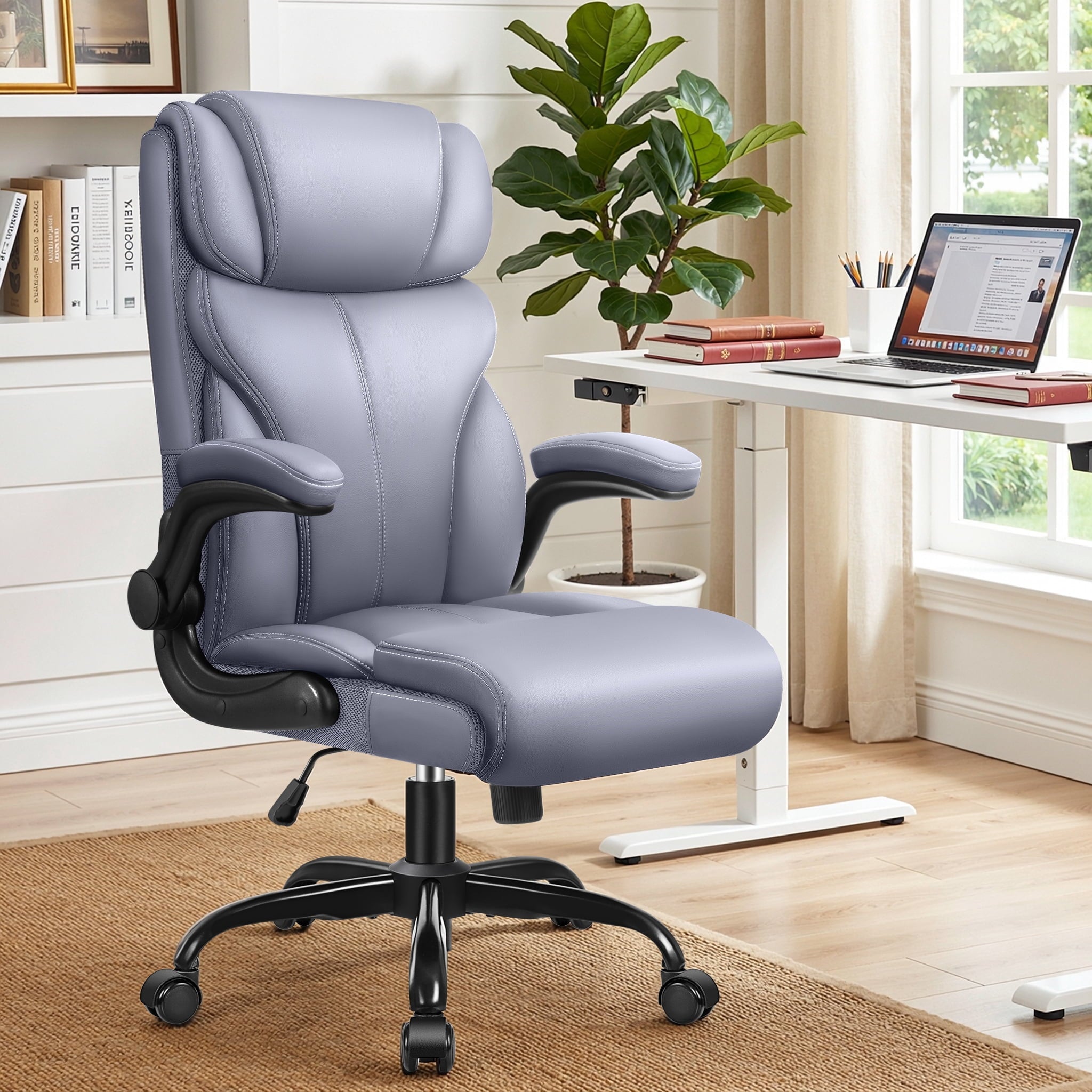 STACOO High Back Executive Office Chair 400lbs, Big and Tall Ergonomic Desk Chair with Lumbar Support & Flip-up Armrests, PU Leather Swivel Chair with Adjustable Height – Brown