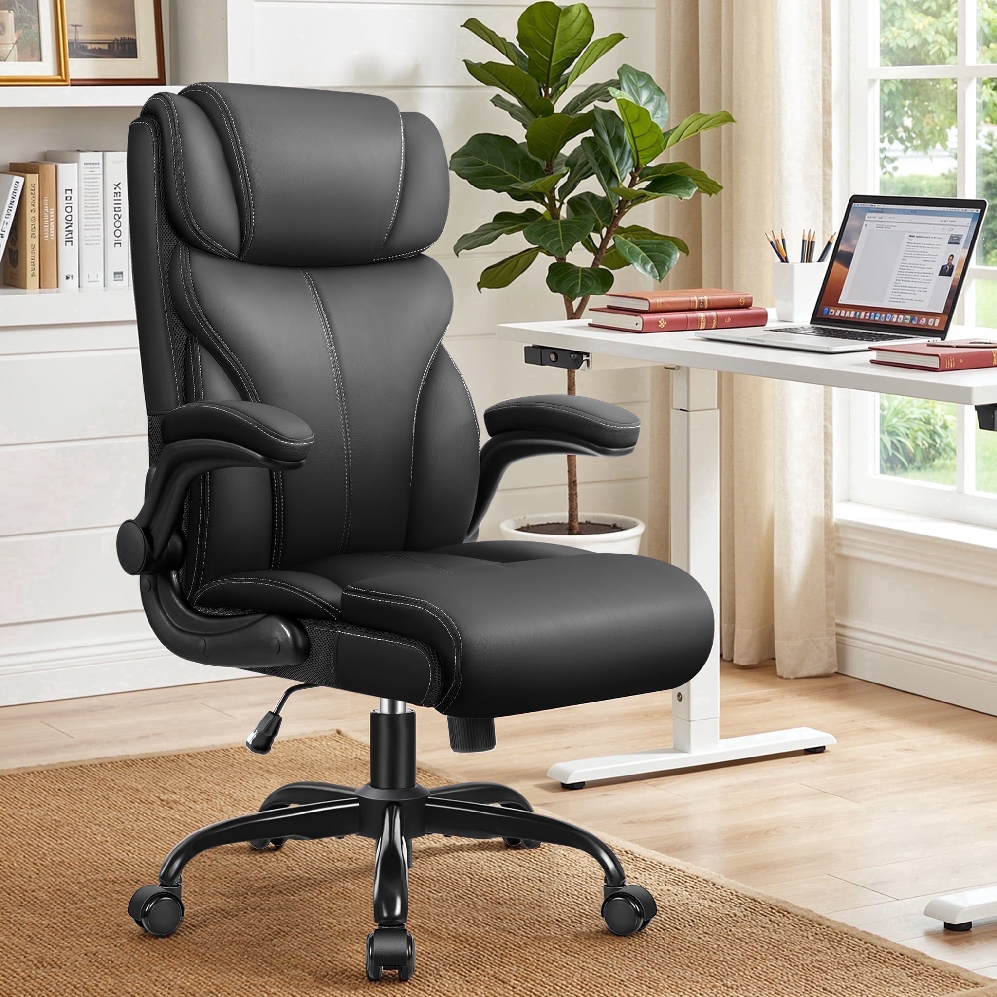 STACOO High Back Executive Office Chair 400lbs, Big and Tall Ergonomic Desk Chair with Lumbar Support & Flip-up Armrests, PU Leather Swivel Chair with Adjustable Height – Brown