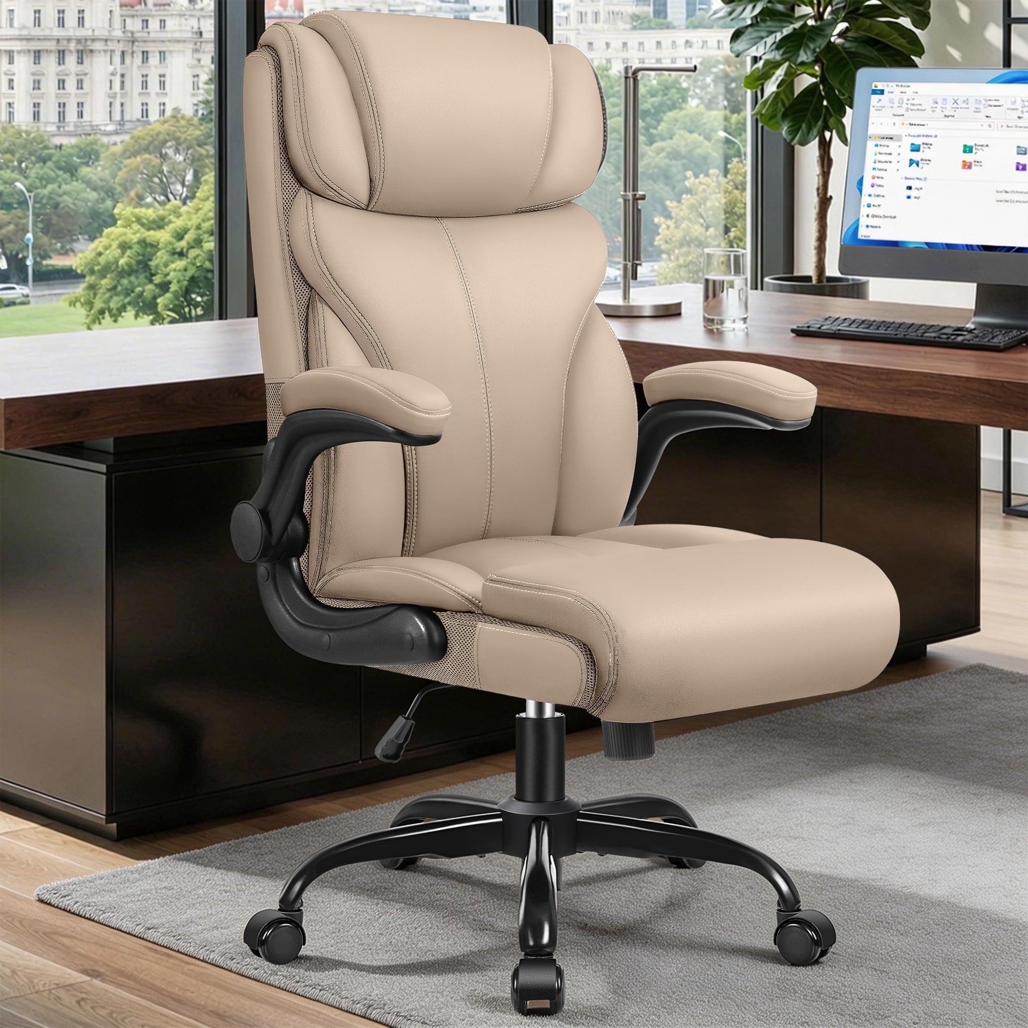 STACOO High Back Executive Office Chair 400lbs, Big and Tall Ergonomic Desk Chair with Lumbar Support & Flip-up Armrests, PU Leather Swivel Chair with Adjustable Height – Brown