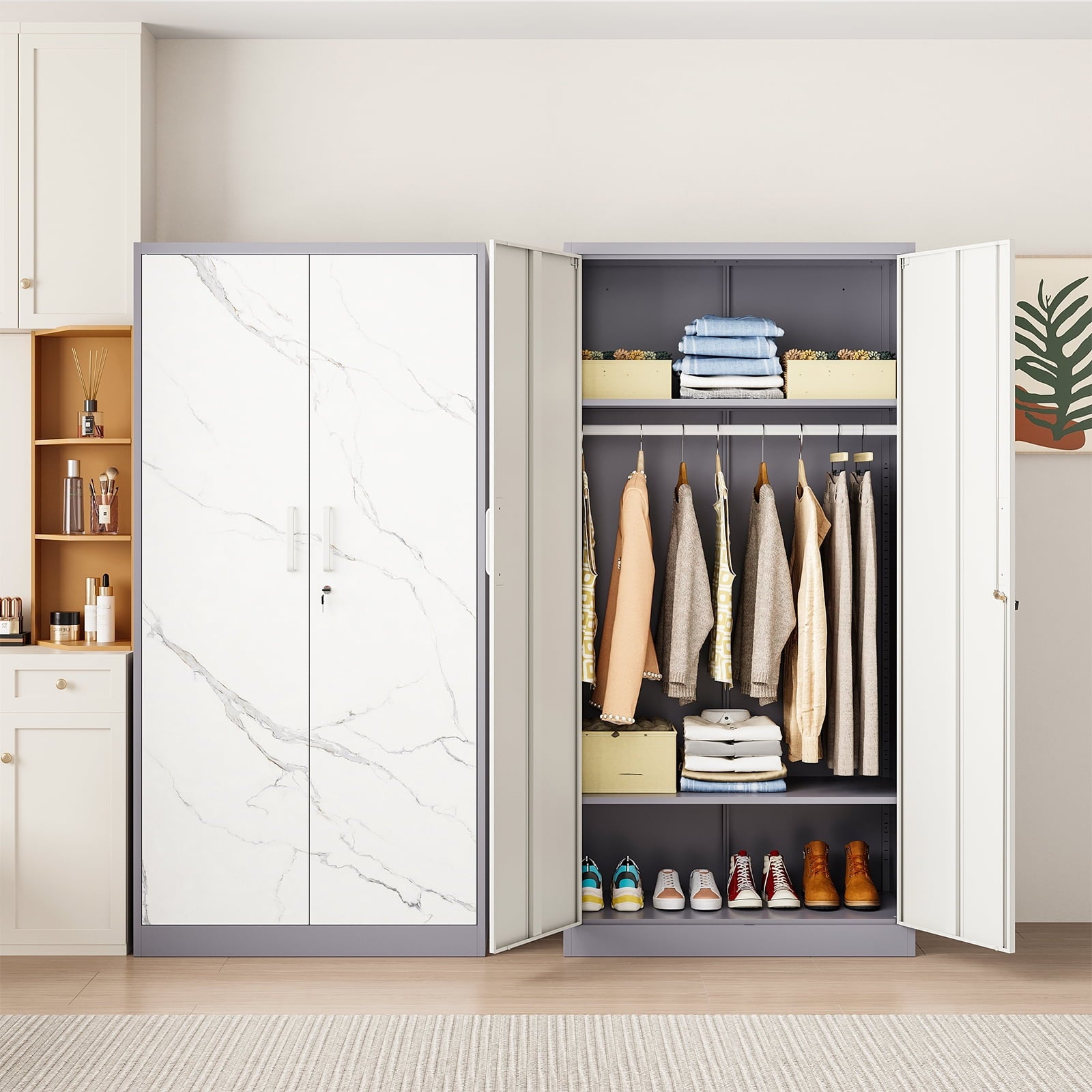 STANI Metal Wardrobe Closet with Hanging Rod, 72 White Armoire Wardrobe Cabinet with Adjustable Shelves, Clothes Storage Organizer Cabinets for Bedroom, Bathroom, Office